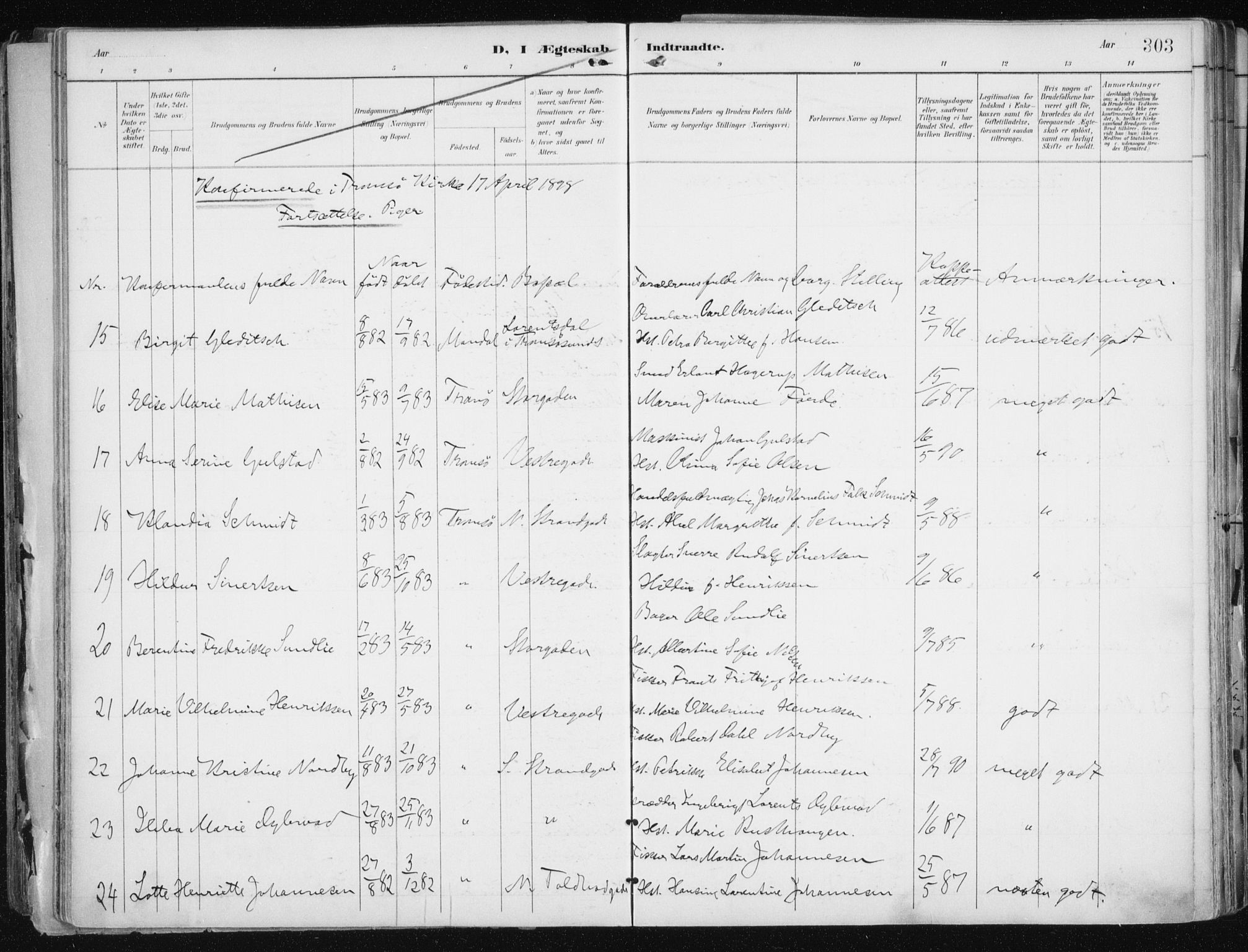 Tromsø sokneprestkontor/stiftsprosti/domprosti, SATØ/S-1343/G/Ga/L0015kirke: Parish register (official) no. 15, 1889-1899, p. 303