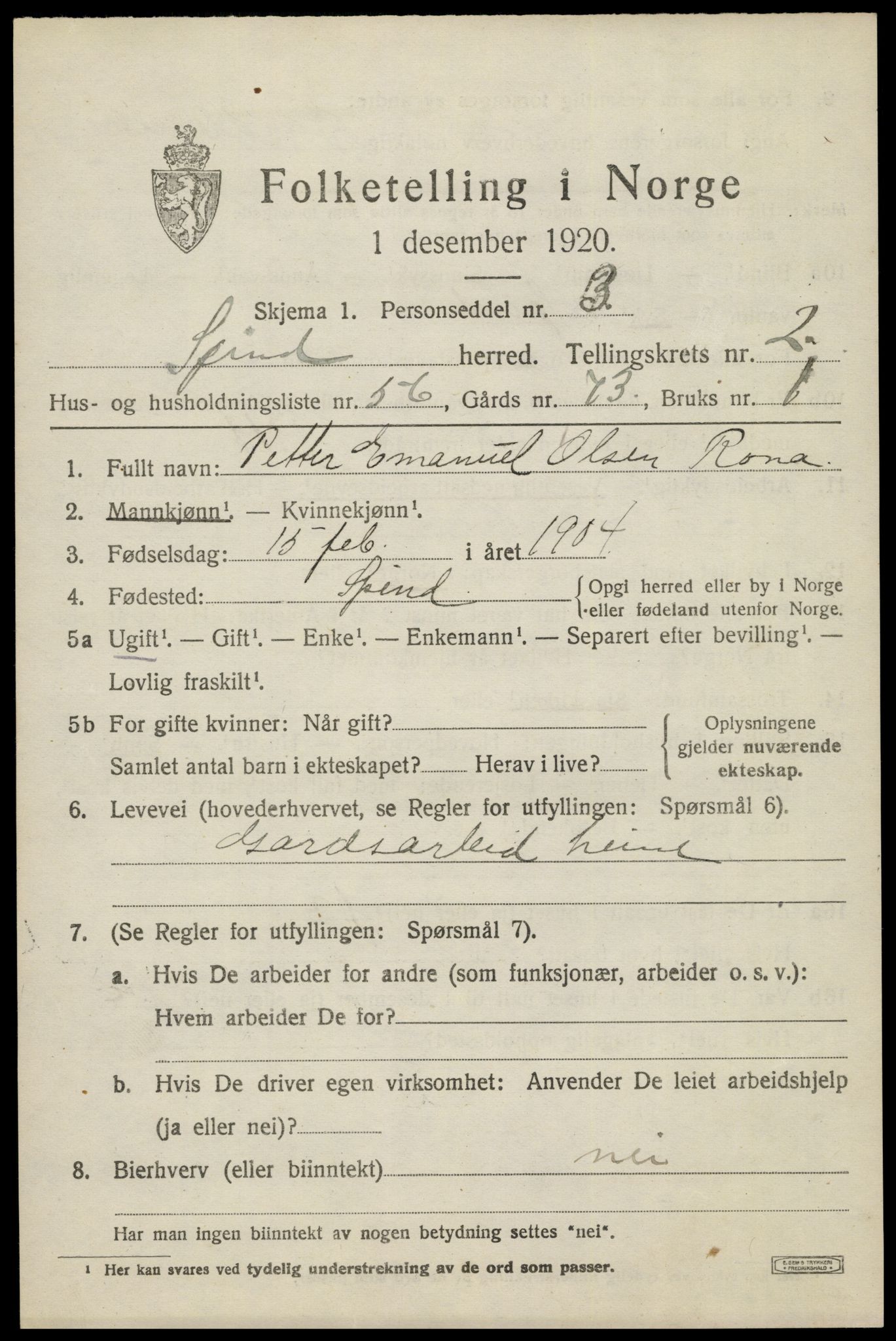 SAK, 1920 census for Spind, 1920, p. 1587