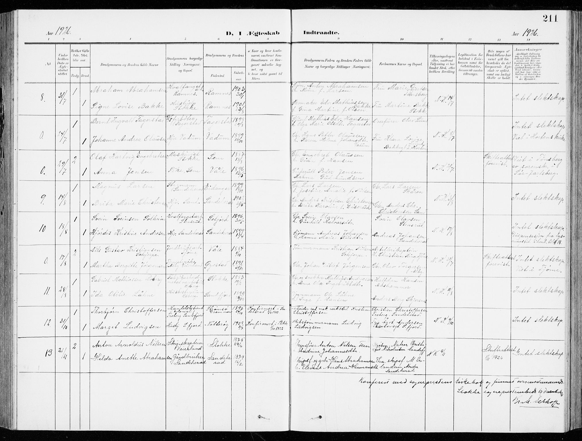 Stokke kirkebøker, AV/SAKO-A-320/G/Ga/L0001: Parish register (copy) no. I 1, 1904-1940, p. 211