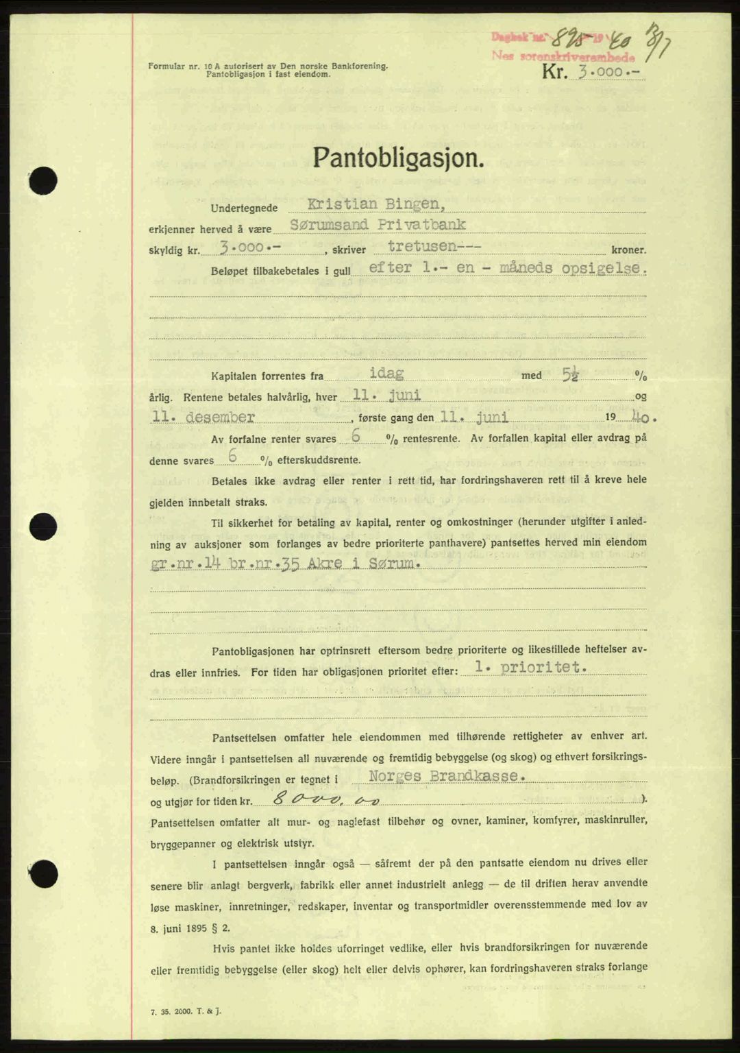 Nes tingrett, SAO/A-10548/G/Gb/Gbb/L0010: Mortgage book no. 54, 1939-1940, Diary no: : 859/1940