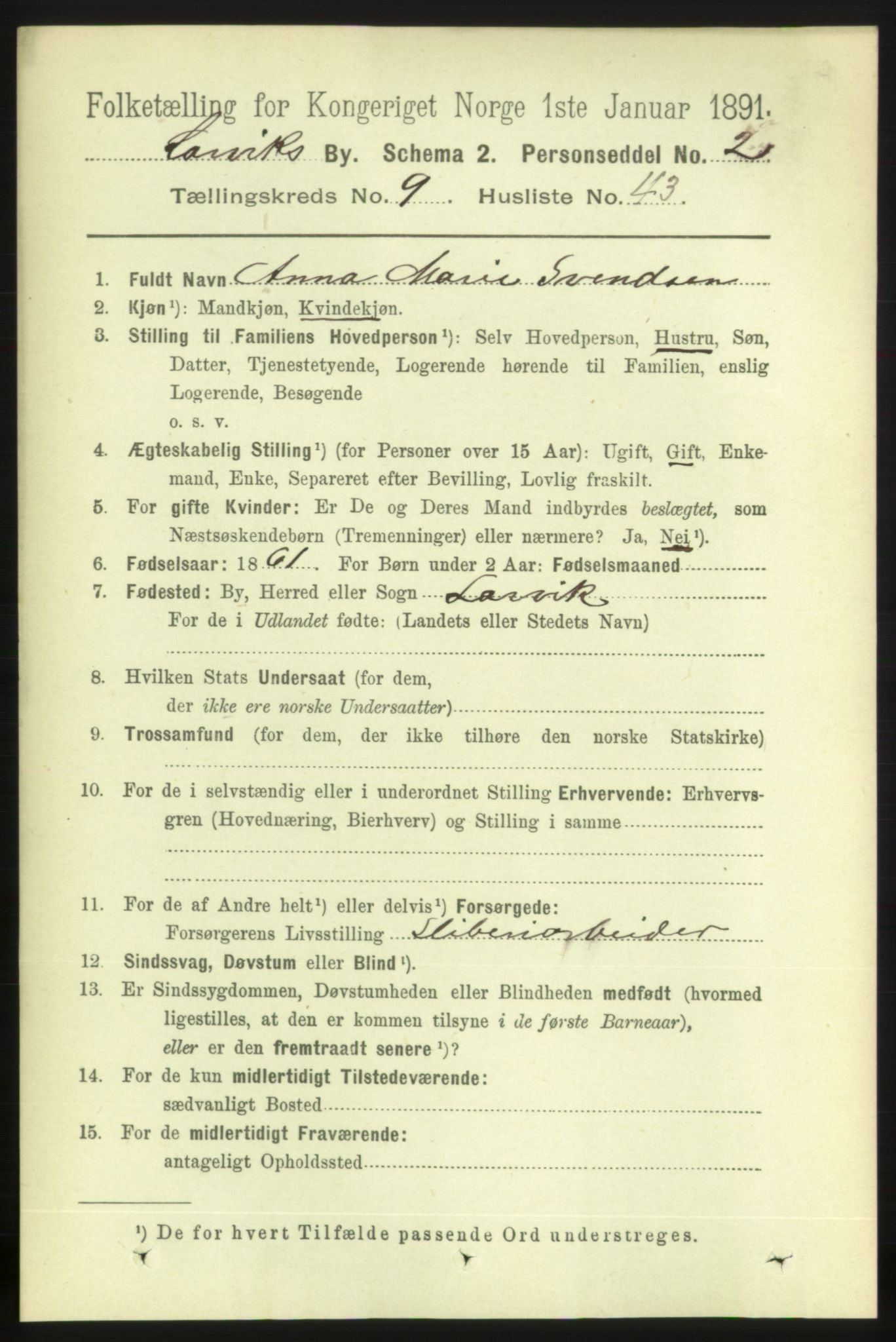 RA, 1891 census for 0707 Larvik, 1891, p. 8947