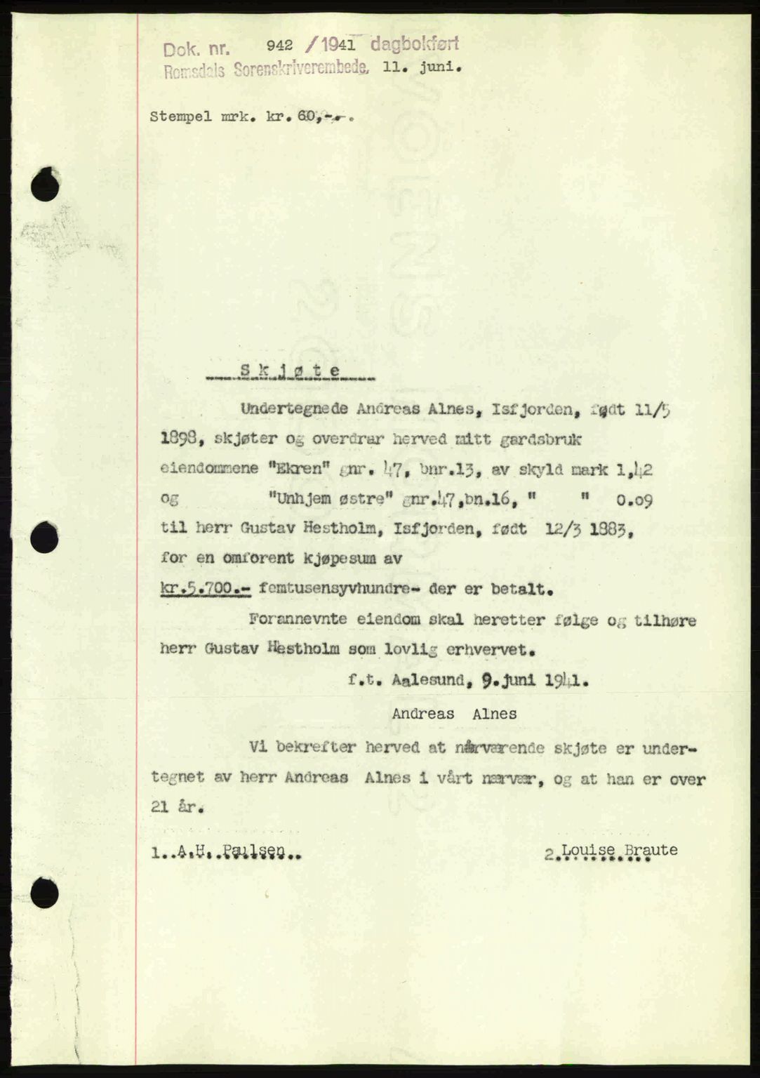 Romsdal sorenskriveri, AV/SAT-A-4149/1/2/2C: Mortgage book no. A10, 1941-1941, Diary no: : 942/1941