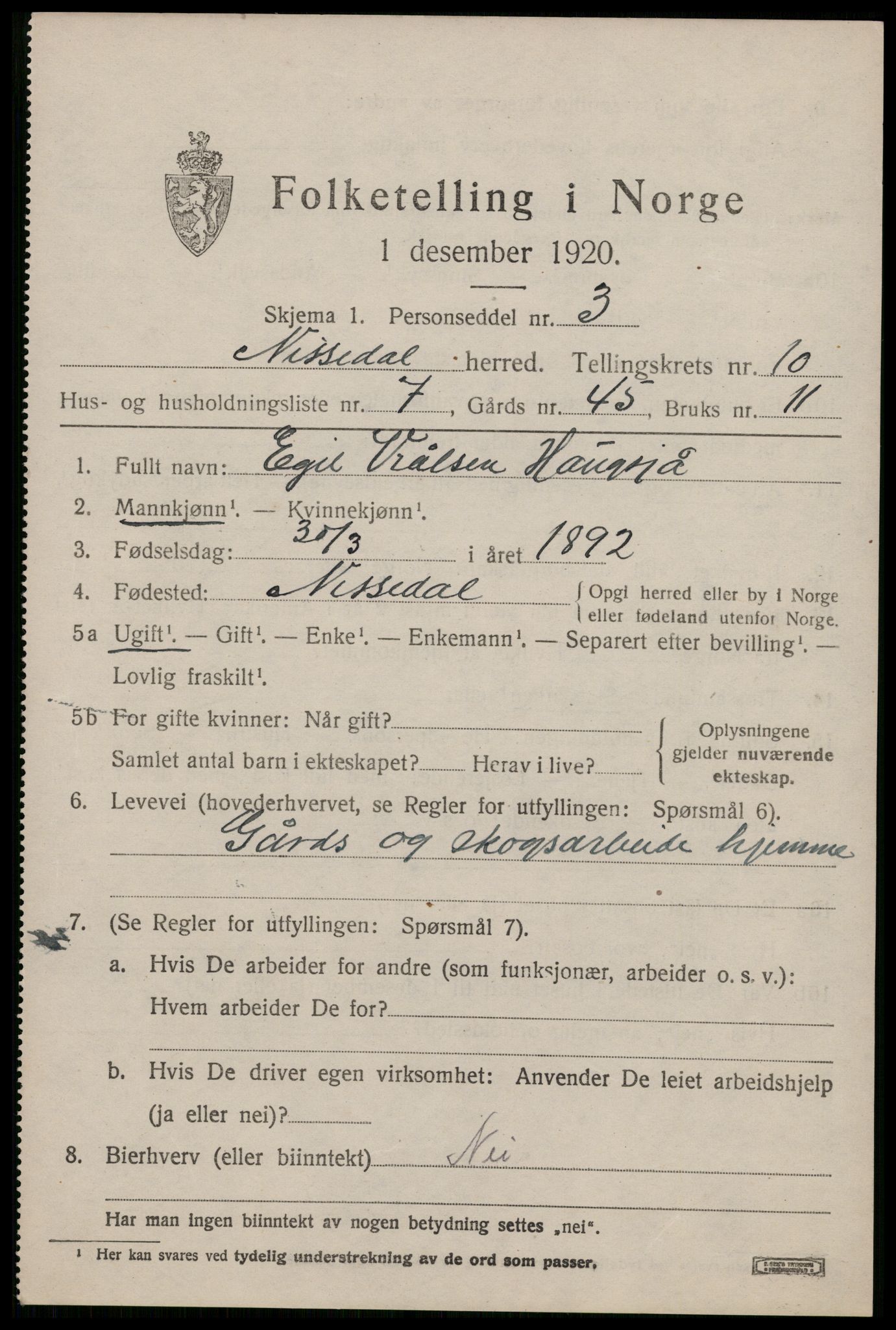 SAKO, 1920 census for Nissedal, 1920, p. 3935