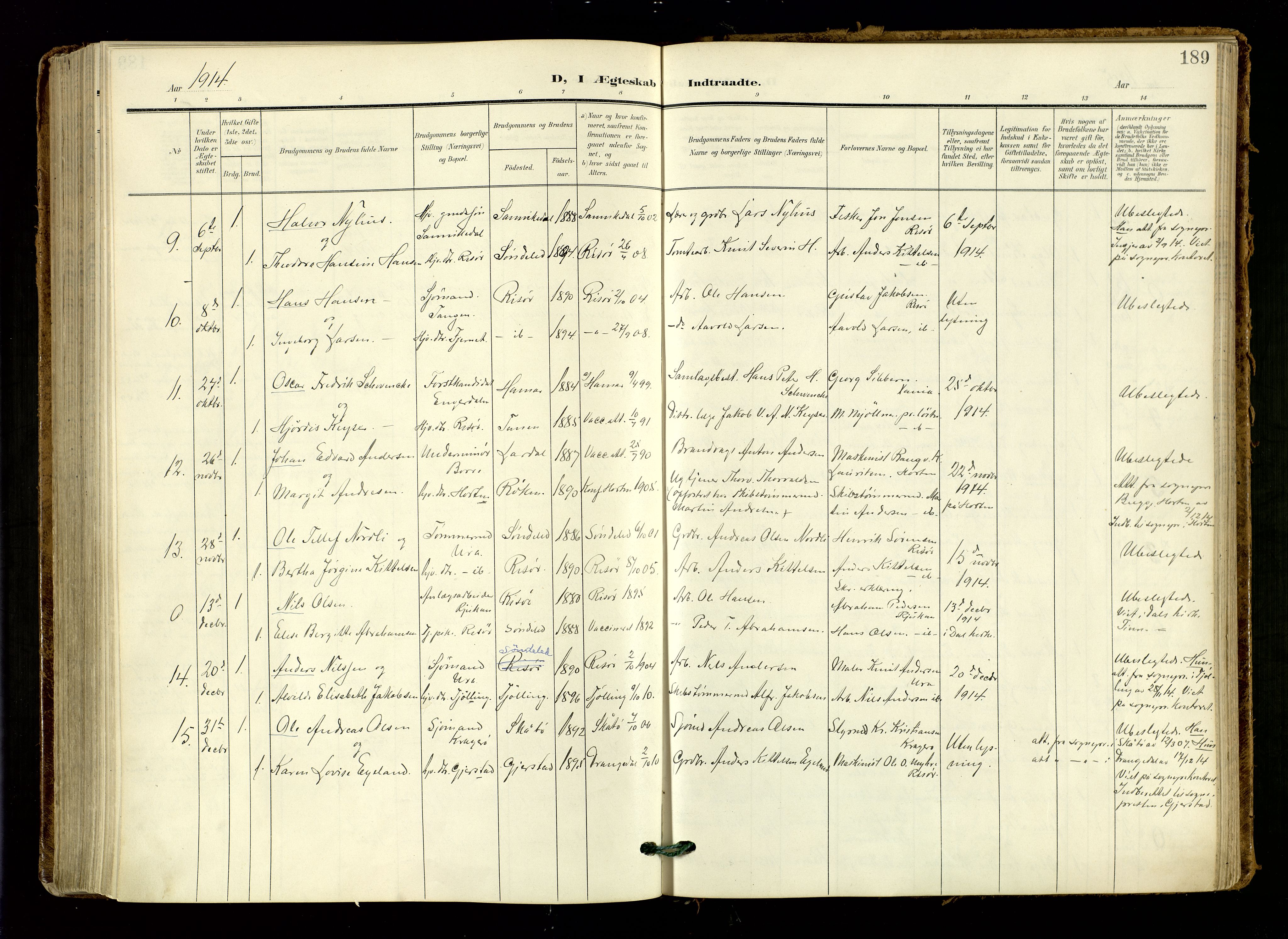 Risør sokneprestkontor, AV/SAK-1111-0035/F/Fa/L0011: Parish register (official) no. A 11, 1907-1920, p. 189