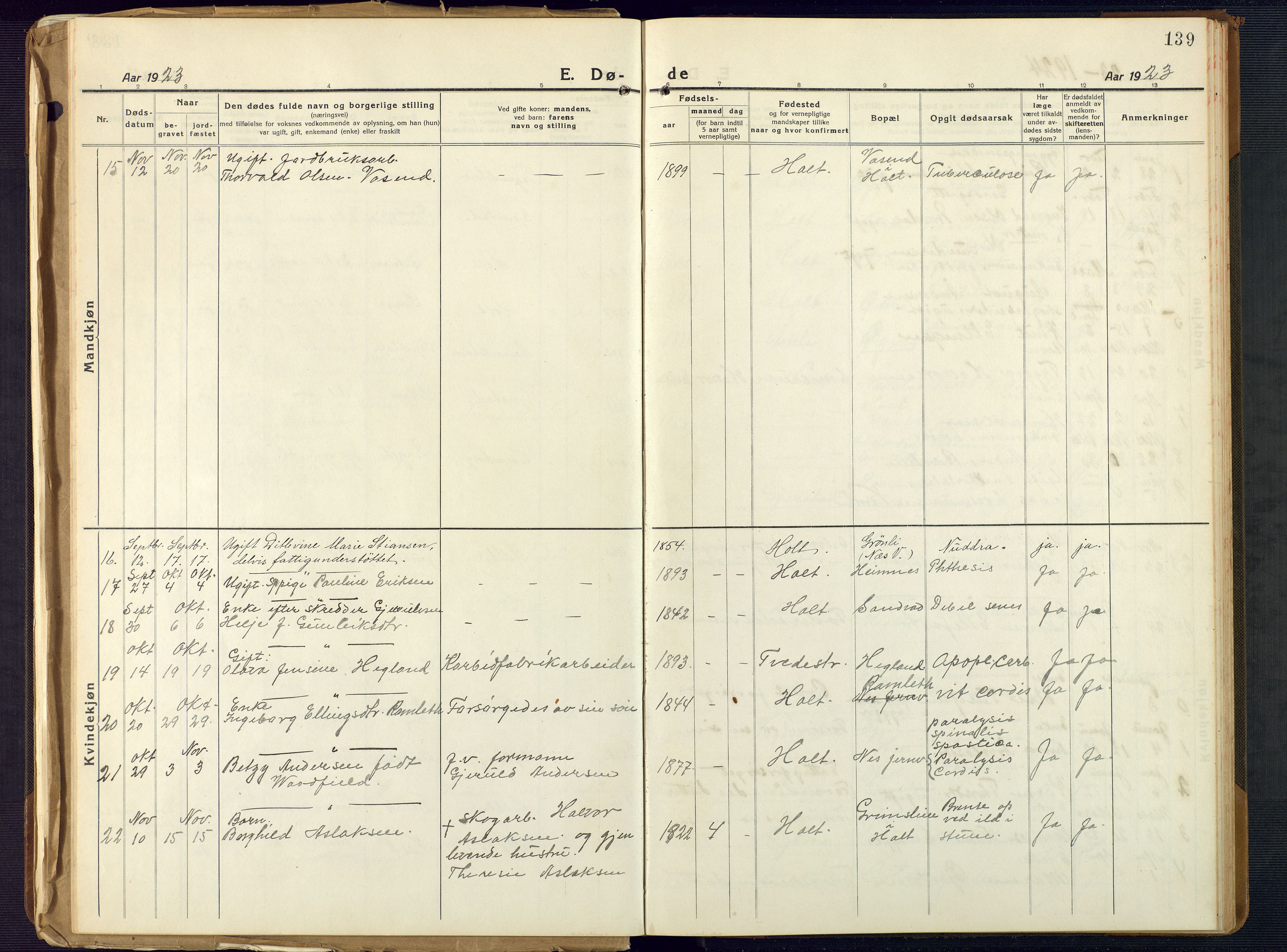 Holt sokneprestkontor, SAK/1111-0021/F/Fb/L0012: Parish register (copy) no. B 12, 1919-1944, p. 139