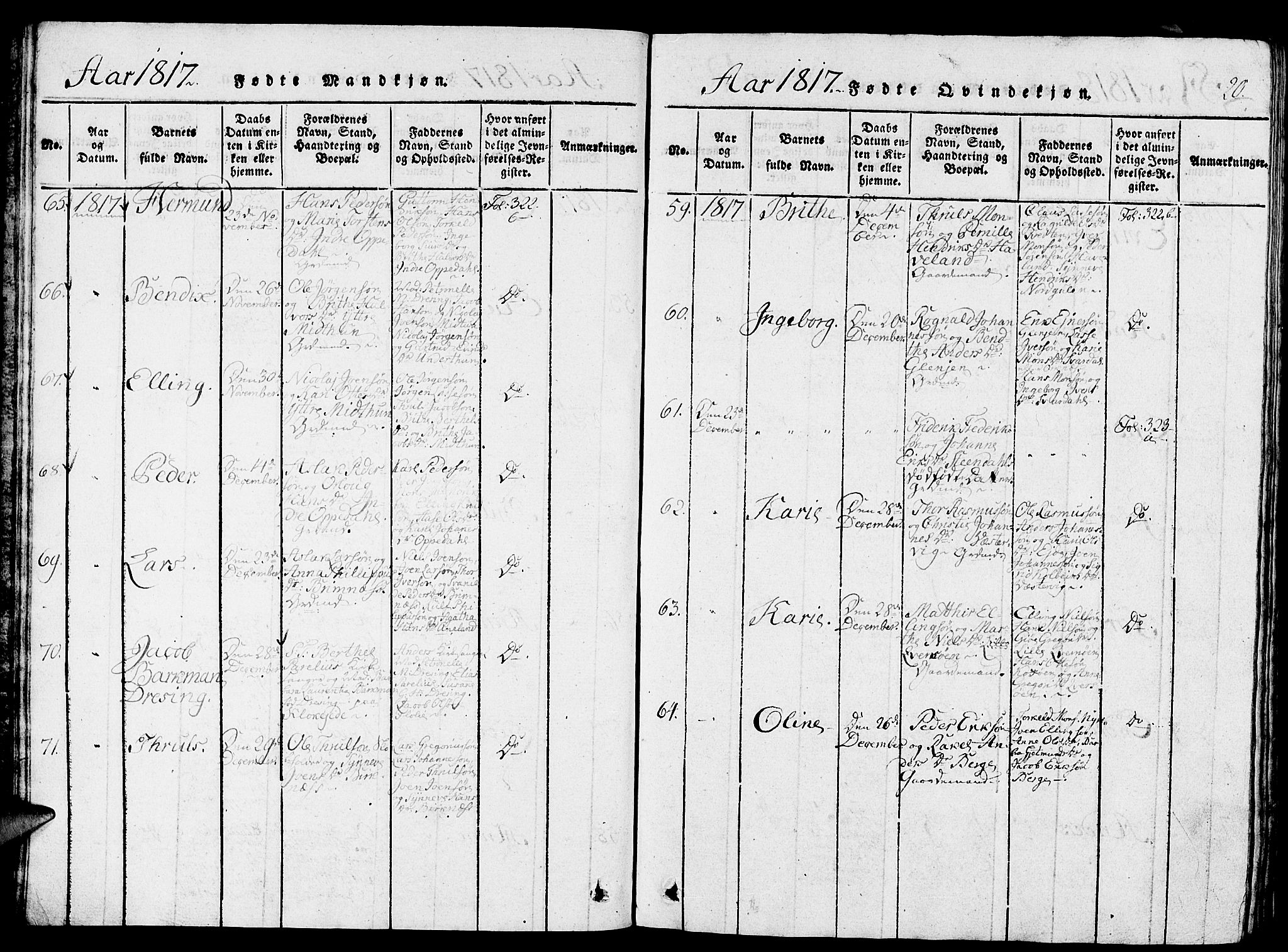 Gulen sokneprestembete, AV/SAB-A-80201/H/Haa/Haaa/L0018: Parish register (official) no. A 18, 1816-1825, p. 20