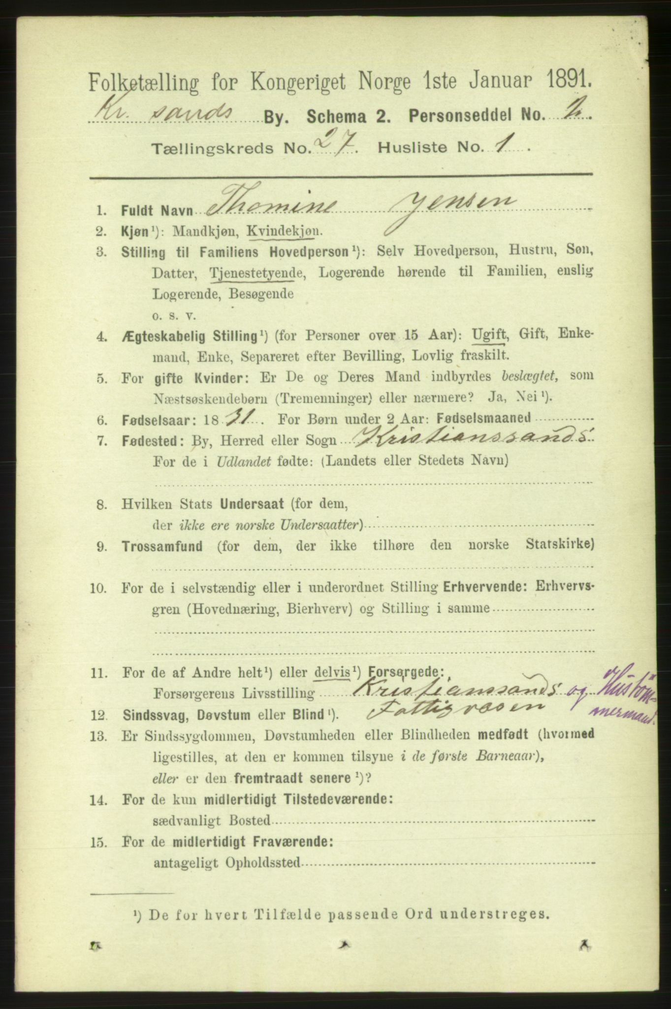 RA, 1891 census for 1001 Kristiansand, 1891, p. 9403