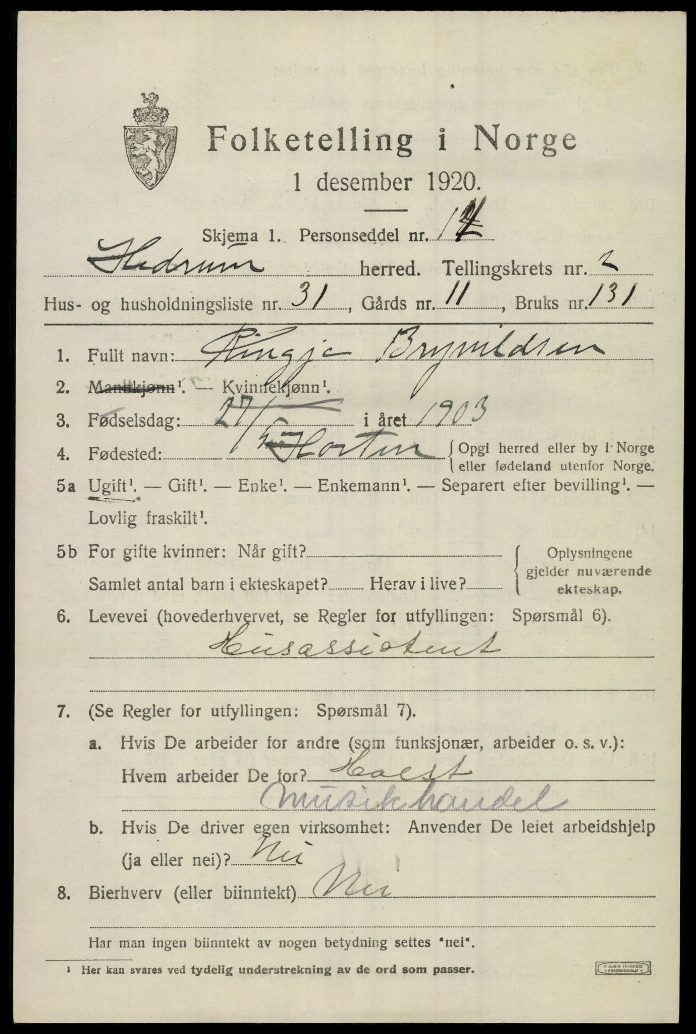 SAKO, 1920 census for Hedrum, 1920, p. 2827