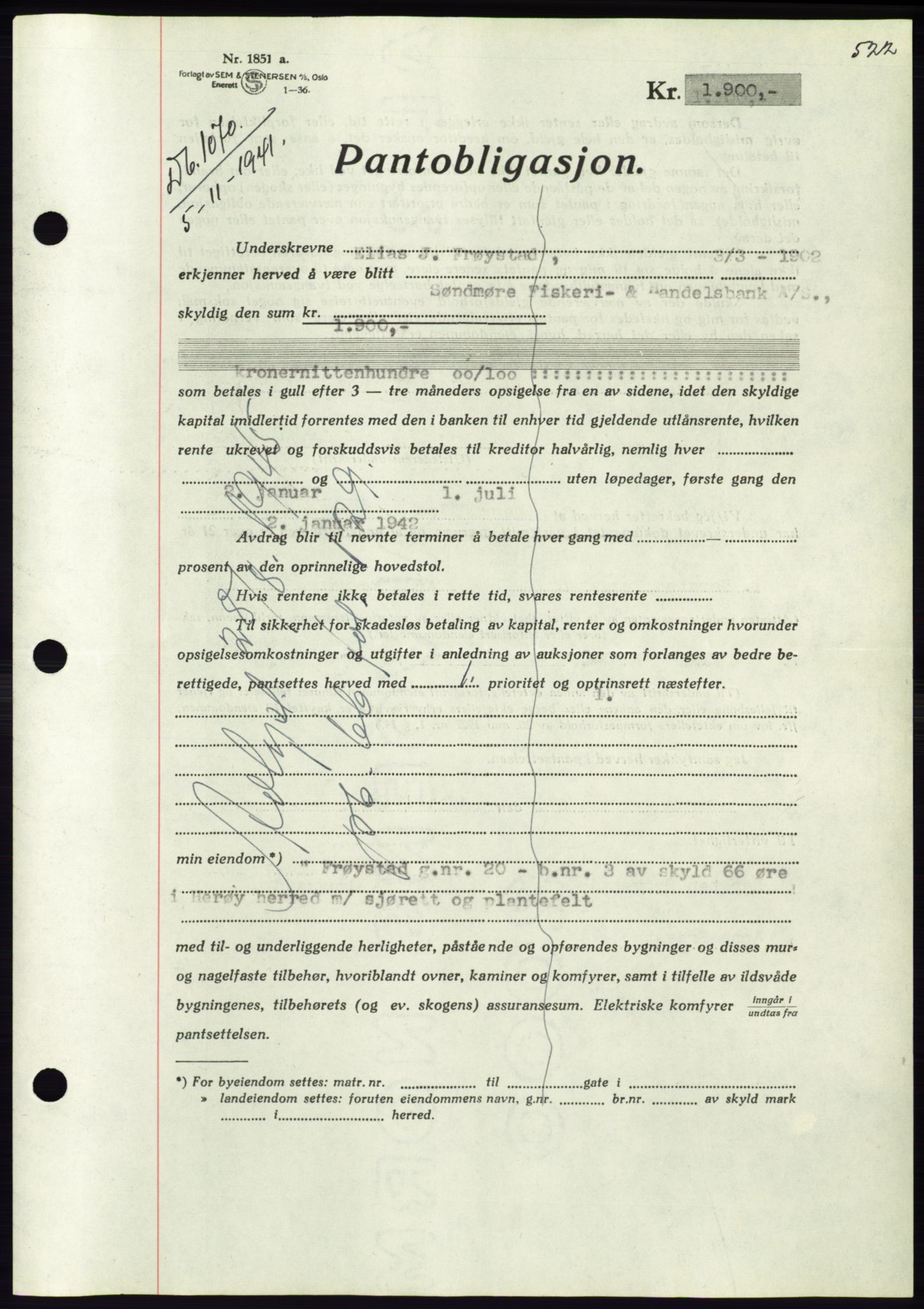 Søre Sunnmøre sorenskriveri, AV/SAT-A-4122/1/2/2C/L0071: Mortgage book no. 65, 1941-1941, Diary no: : 1070/1941