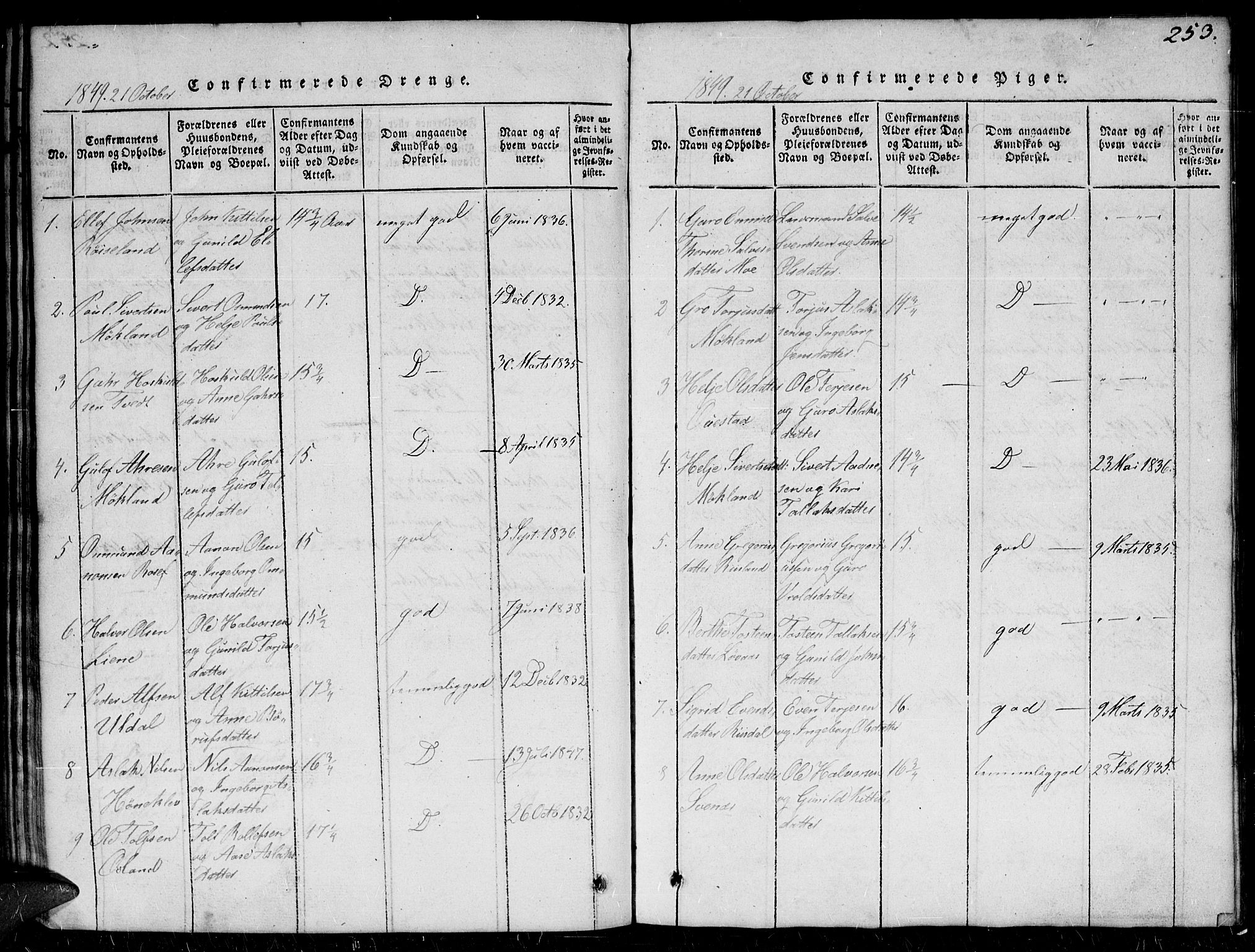 Herefoss sokneprestkontor, AV/SAK-1111-0019/F/Fb/Fbc/L0001: Parish register (copy) no. B 1, 1816-1866, p. 253