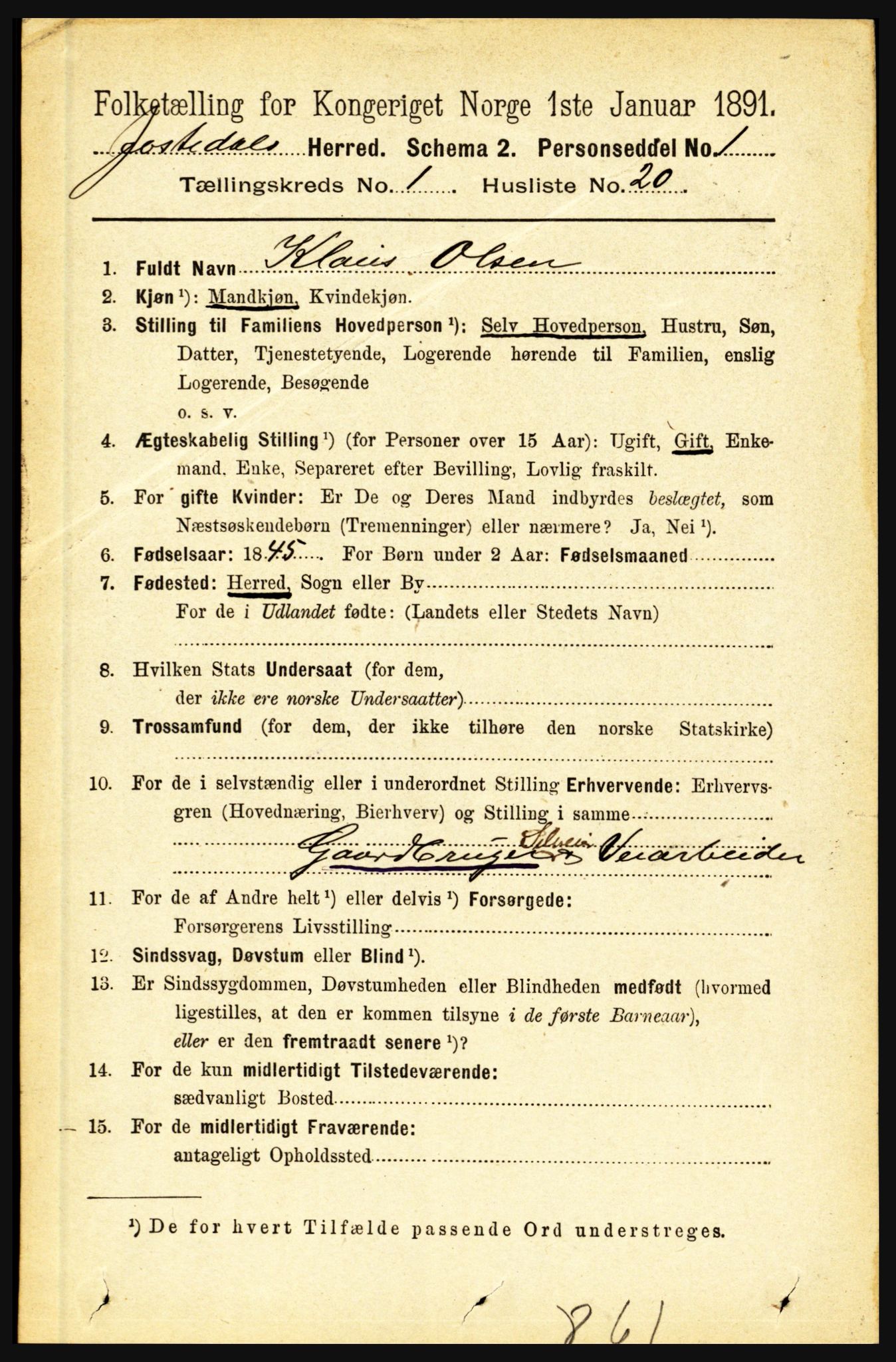RA, 1891 census for 1427 Jostedal, 1891, p. 205
