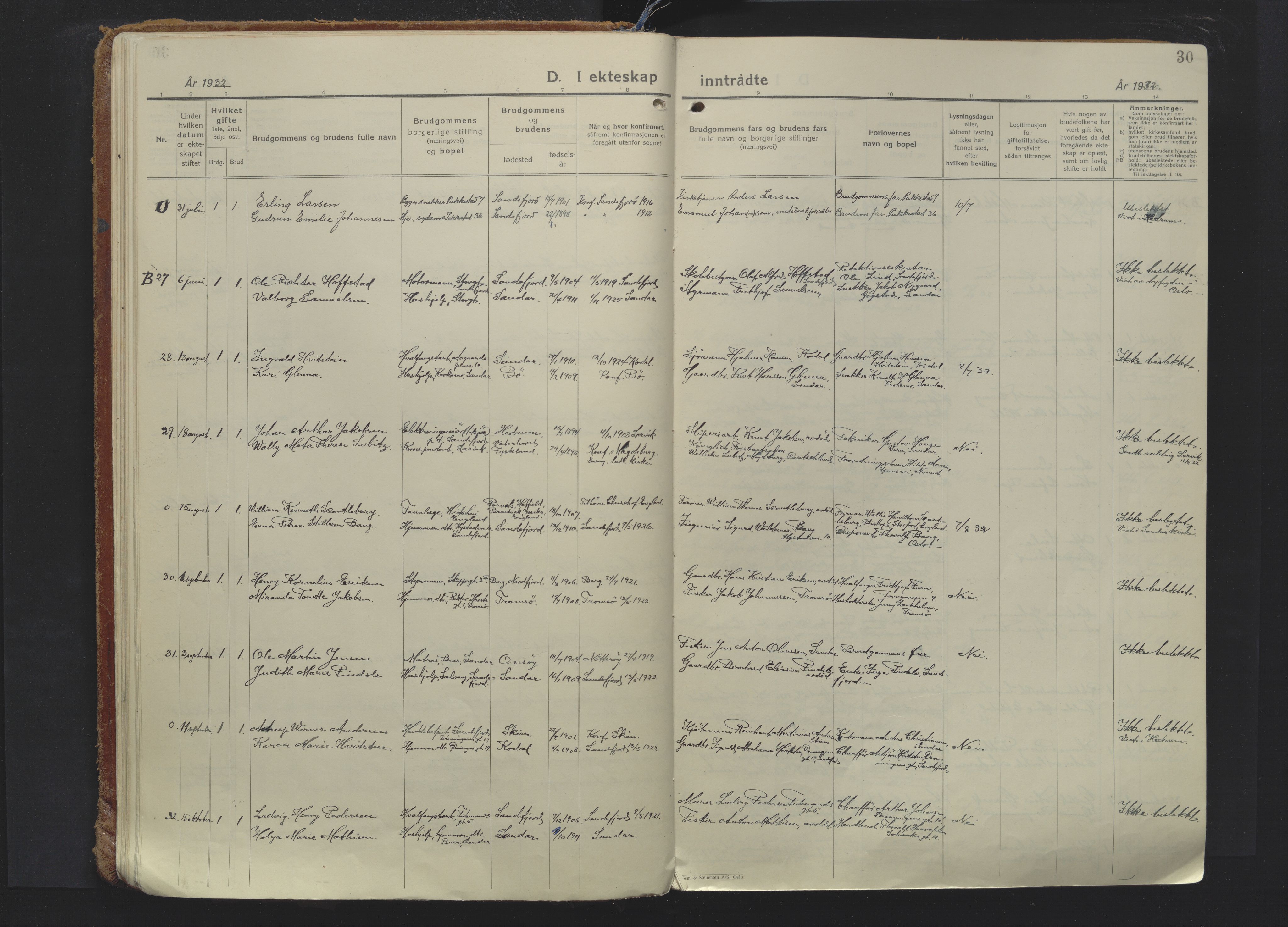 Sandefjord kirkebøker, SAKO/A-315/F/Fa/L0009: Parish register (official) no. 9, 1926-1945, p. 30