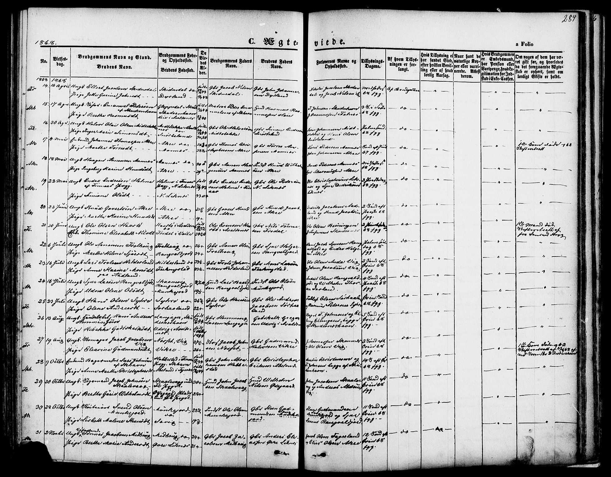 Skudenes sokneprestkontor, SAST/A -101849/H/Ha/Haa/L0006: Parish register (official) no. A 4, 1864-1881, p. 284