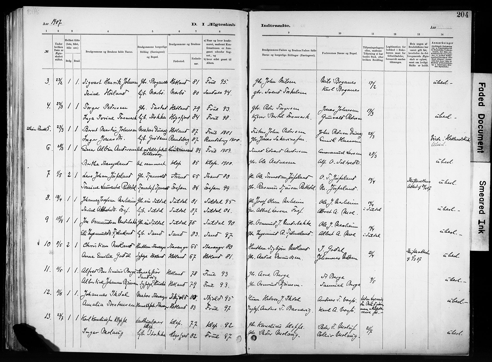 Hetland sokneprestkontor, SAST/A-101826/30/30BA/L0011: Parish register (official) no. A 11, 1884-1911, p. 204