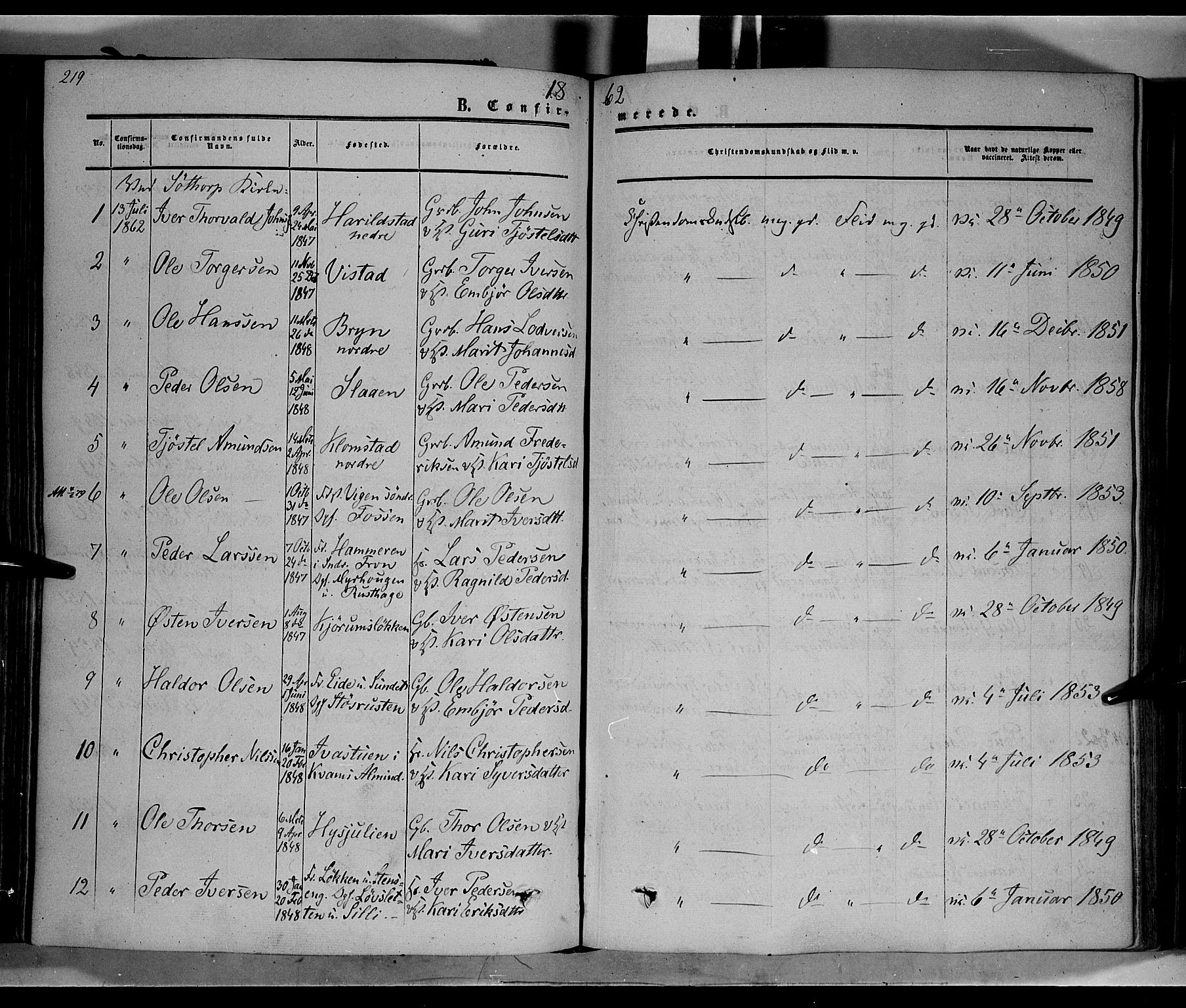 Nord-Fron prestekontor, SAH/PREST-080/H/Ha/Haa/L0001: Parish register (official) no. 1, 1851-1864, p. 219