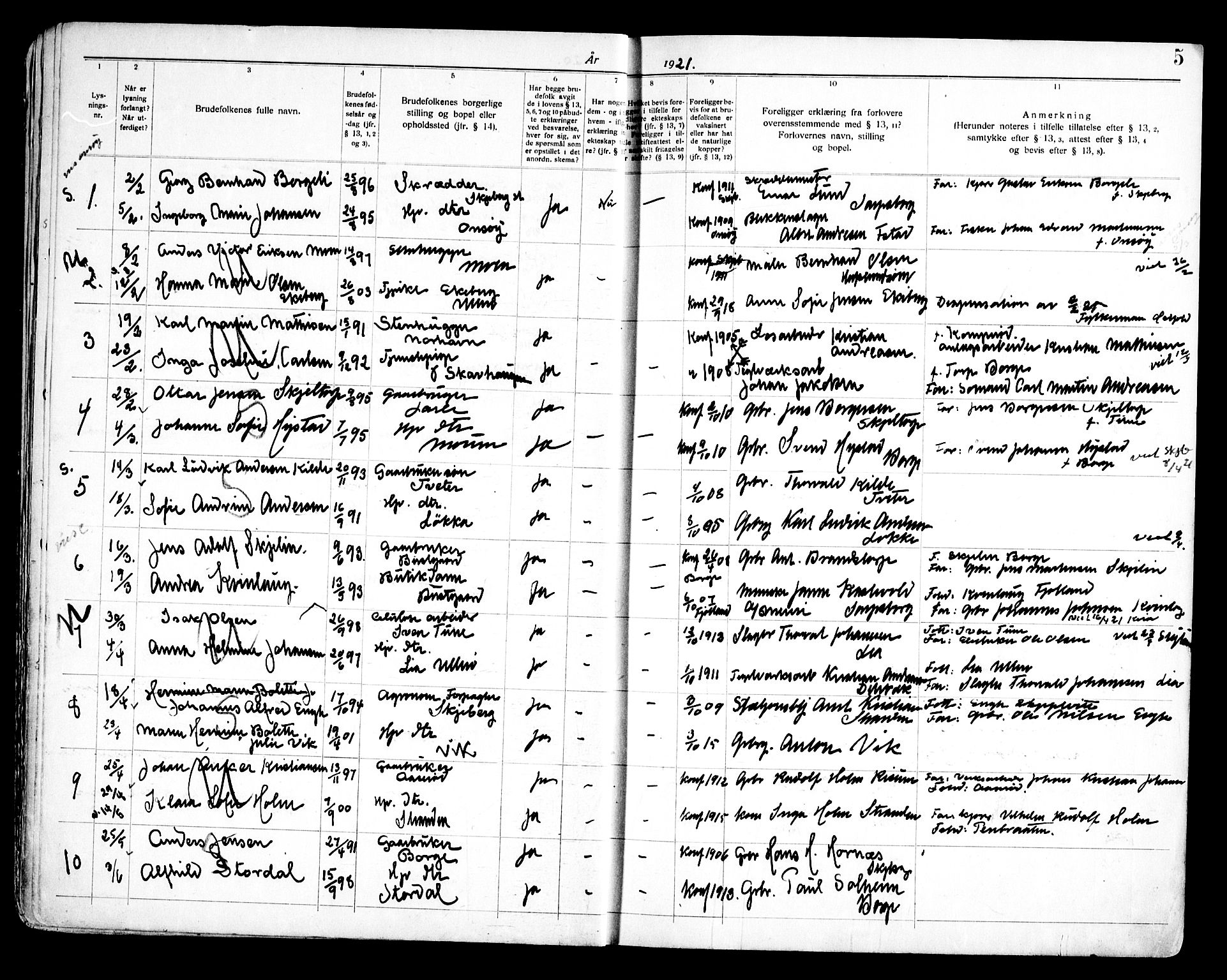 Skjeberg prestekontor Kirkebøker, SAO/A-10923/H/Ha/L0002: Banns register no. I 2, 1919-1957, p. 5
