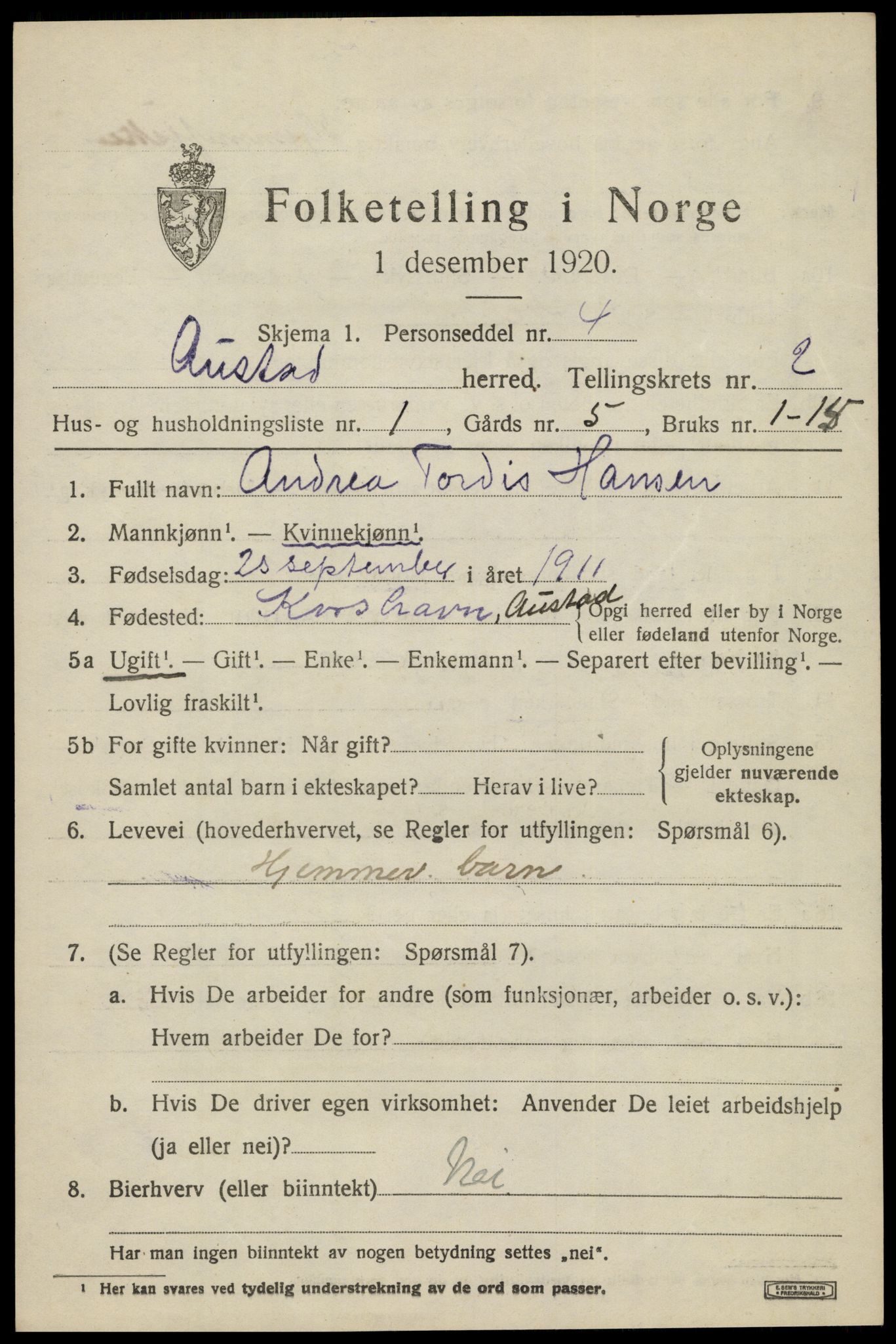 SAK, 1920 census for Austad, 1920, p. 733