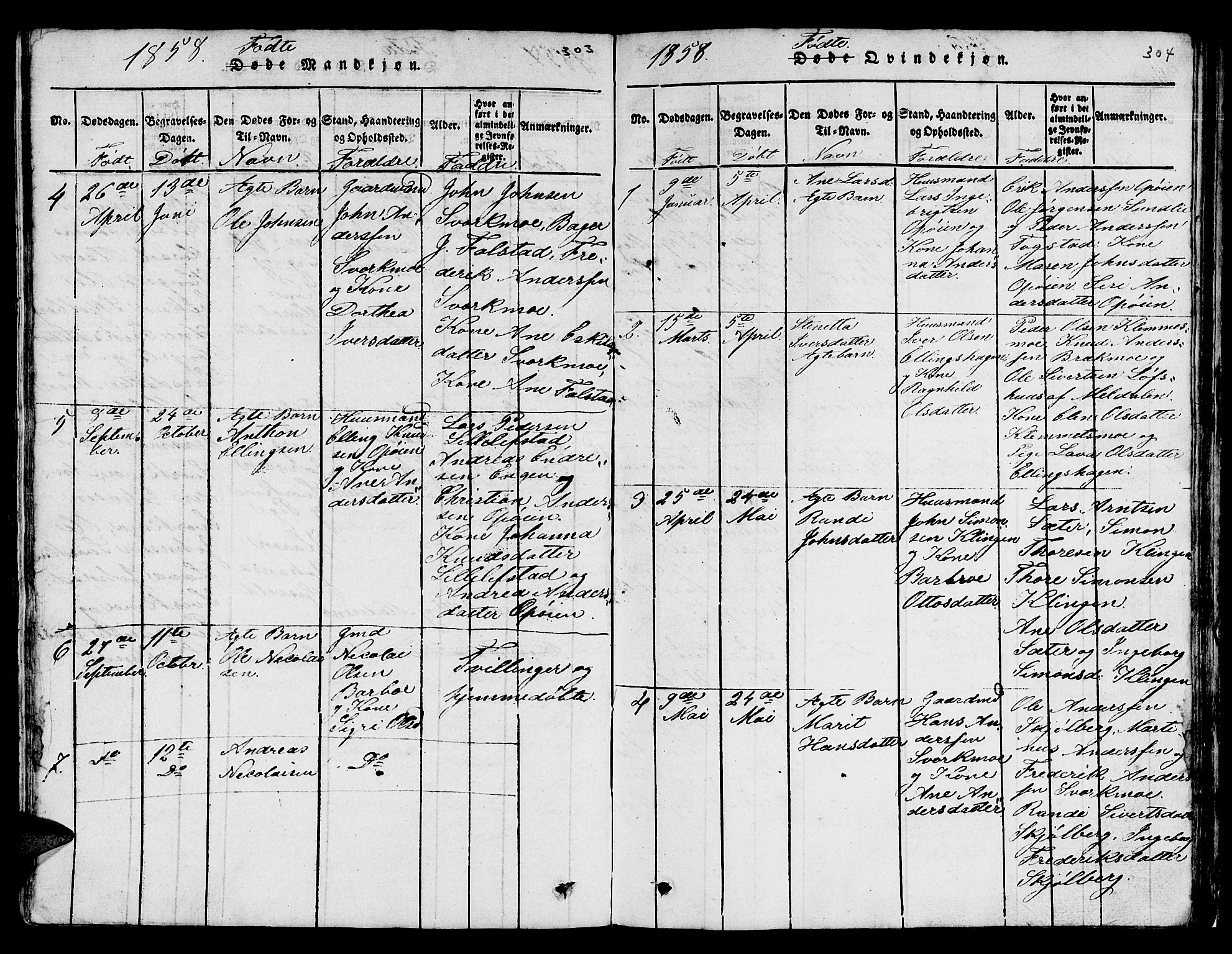 Ministerialprotokoller, klokkerbøker og fødselsregistre - Sør-Trøndelag, SAT/A-1456/671/L0842: Parish register (copy) no. 671C01, 1816-1867, p. 303-304