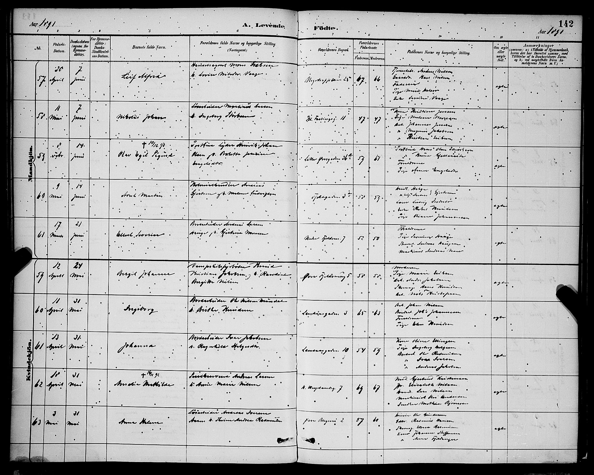 Korskirken sokneprestembete, AV/SAB-A-76101/H/Hab: Parish register (copy) no. B 9, 1887-1896, p. 142