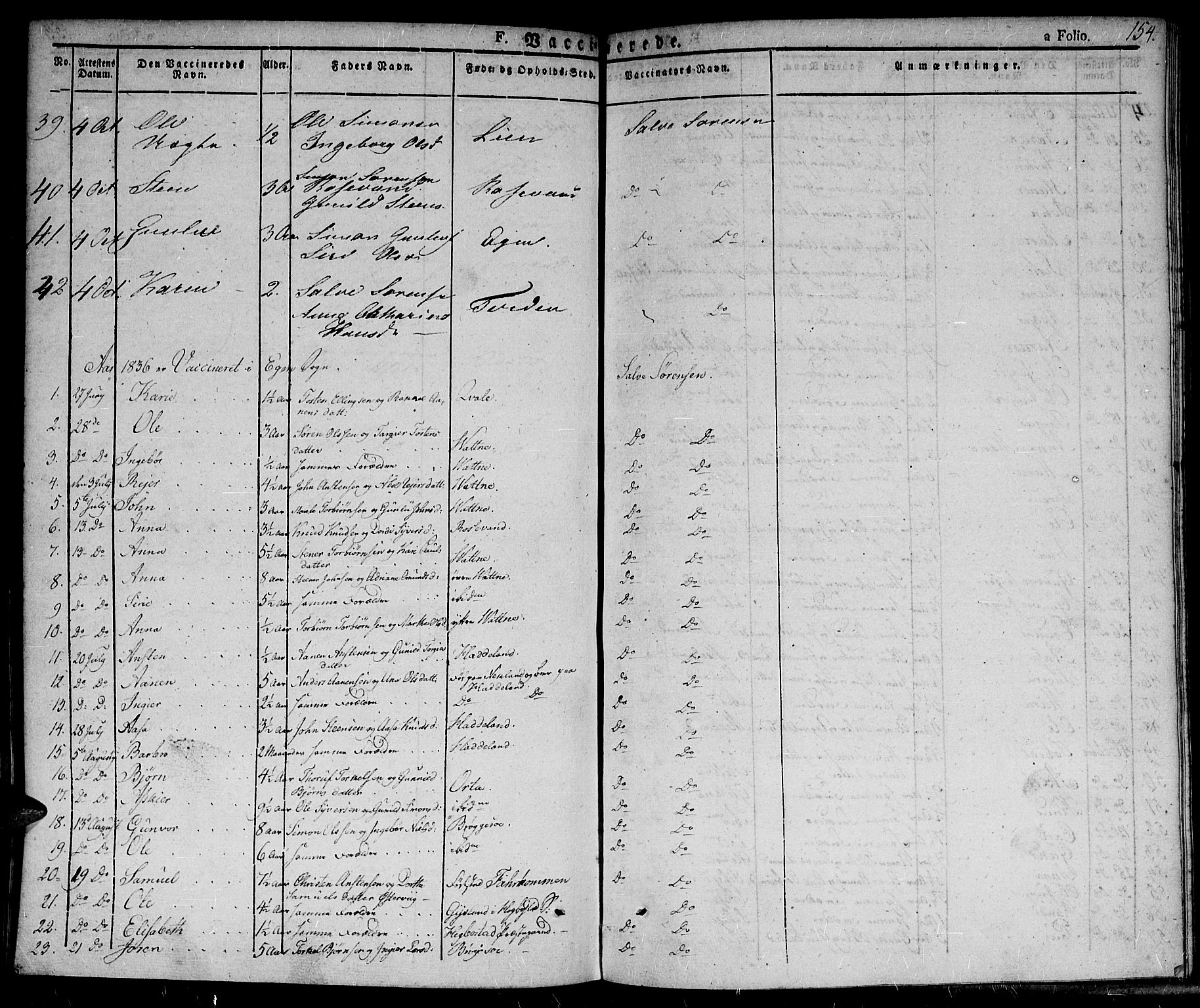 Hægebostad sokneprestkontor, SAK/1111-0024/F/Fa/Fab/L0001: Parish register (official) no. A 1, 1823-1867, p. 154