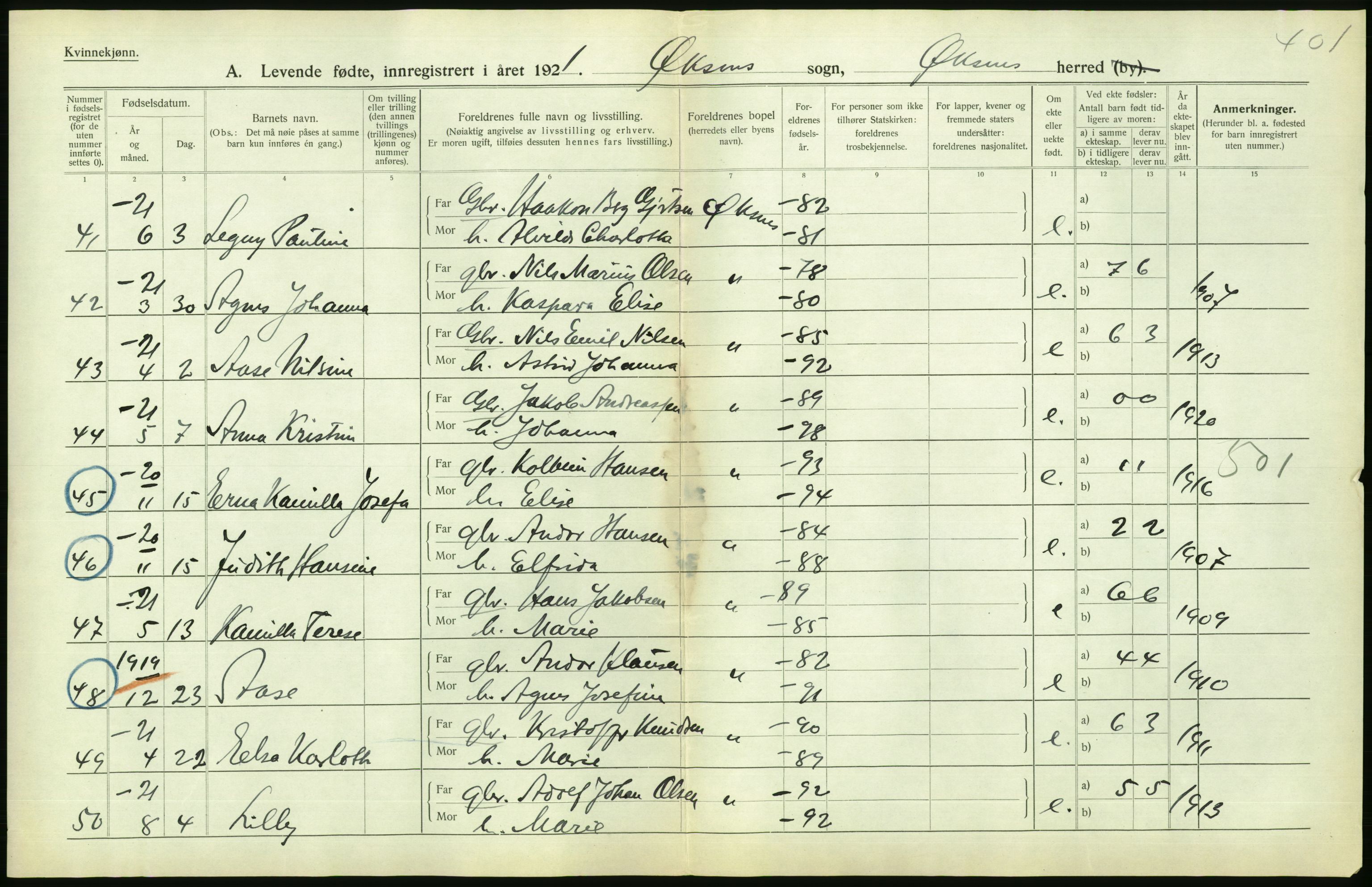 Statistisk sentralbyrå, Sosiodemografiske emner, Befolkning, AV/RA-S-2228/D/Df/Dfc/Dfca/L0049: Nordland fylke: Levendefødte menn og kvinner. Bygder., 1921, p. 418