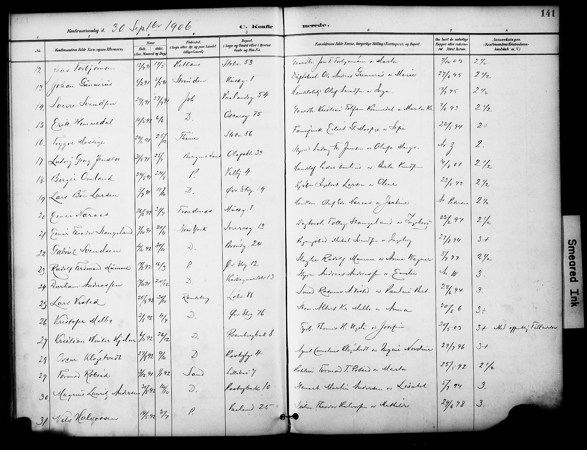 Domkirken sokneprestkontor, AV/SAST-A-101812/001/30/30BA/L0031: Parish register (official) no. A 30, 1896-1916, p. 141