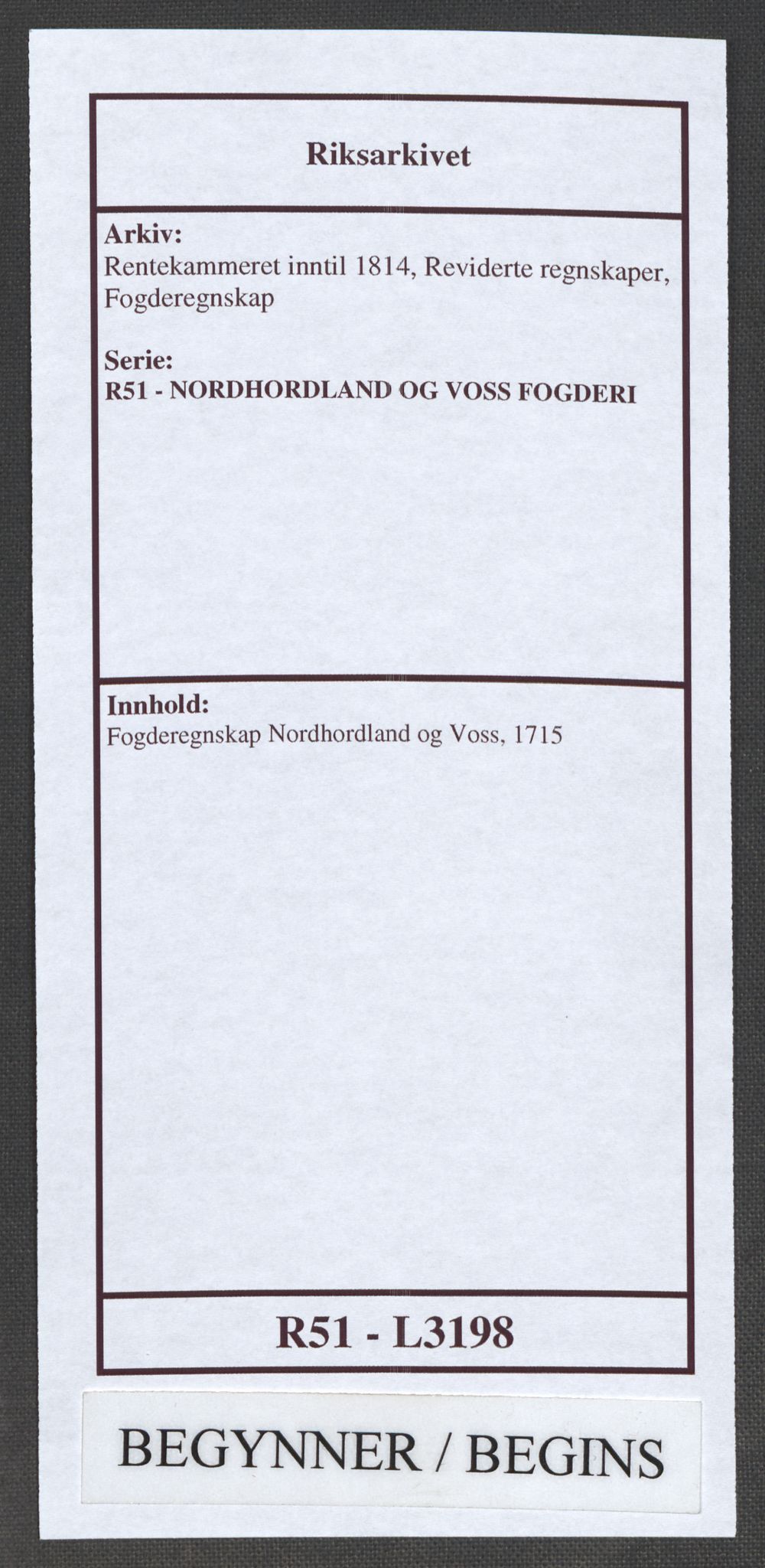 Rentekammeret inntil 1814, Reviderte regnskaper, Fogderegnskap, AV/RA-EA-4092/R51/L3198: Fogderegnskap Nordhordland og Voss, 1715, p. 1