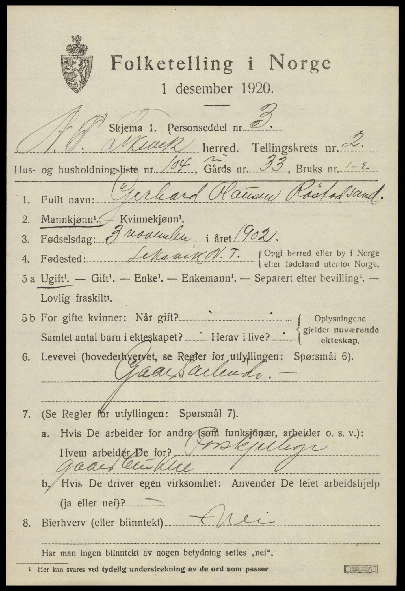 SAT, 1920 census for Leksvik, 1920, p. 2878