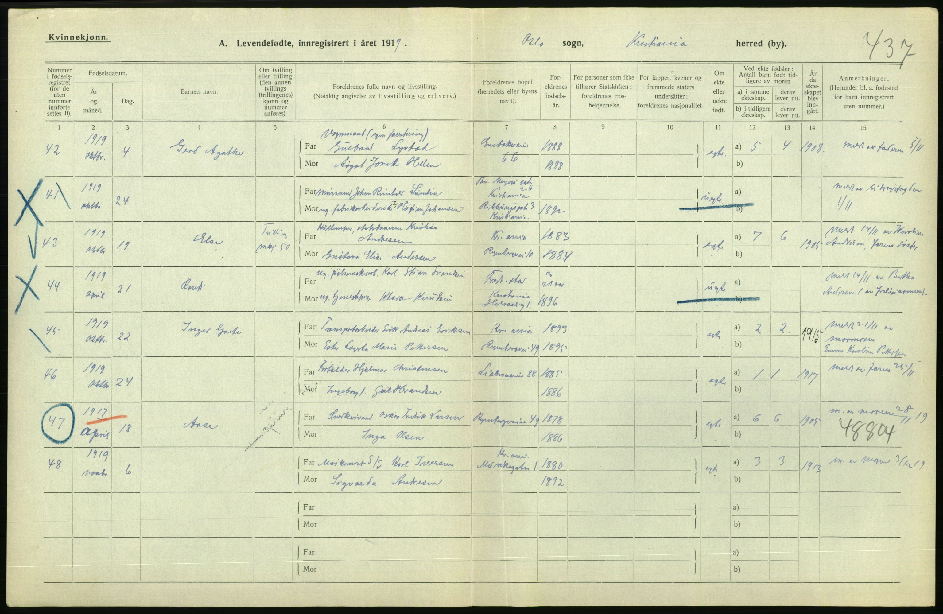 Statistisk sentralbyrå, Sosiodemografiske emner, Befolkning, AV/RA-S-2228/D/Df/Dfb/Dfbi/L0008: Kristiania: Levendefødte menn og kvinner., 1919