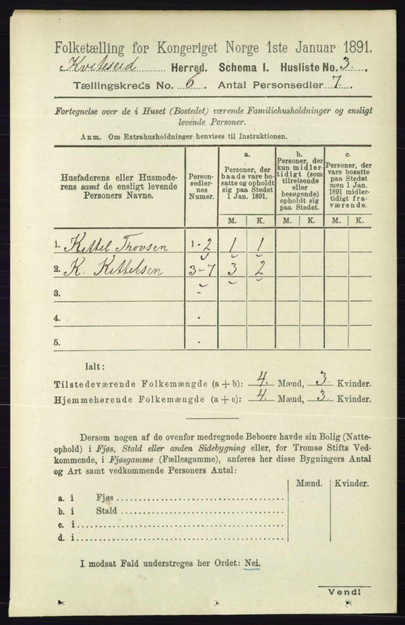 RA, 1891 census for 0829 Kviteseid, 1891, p. 1141