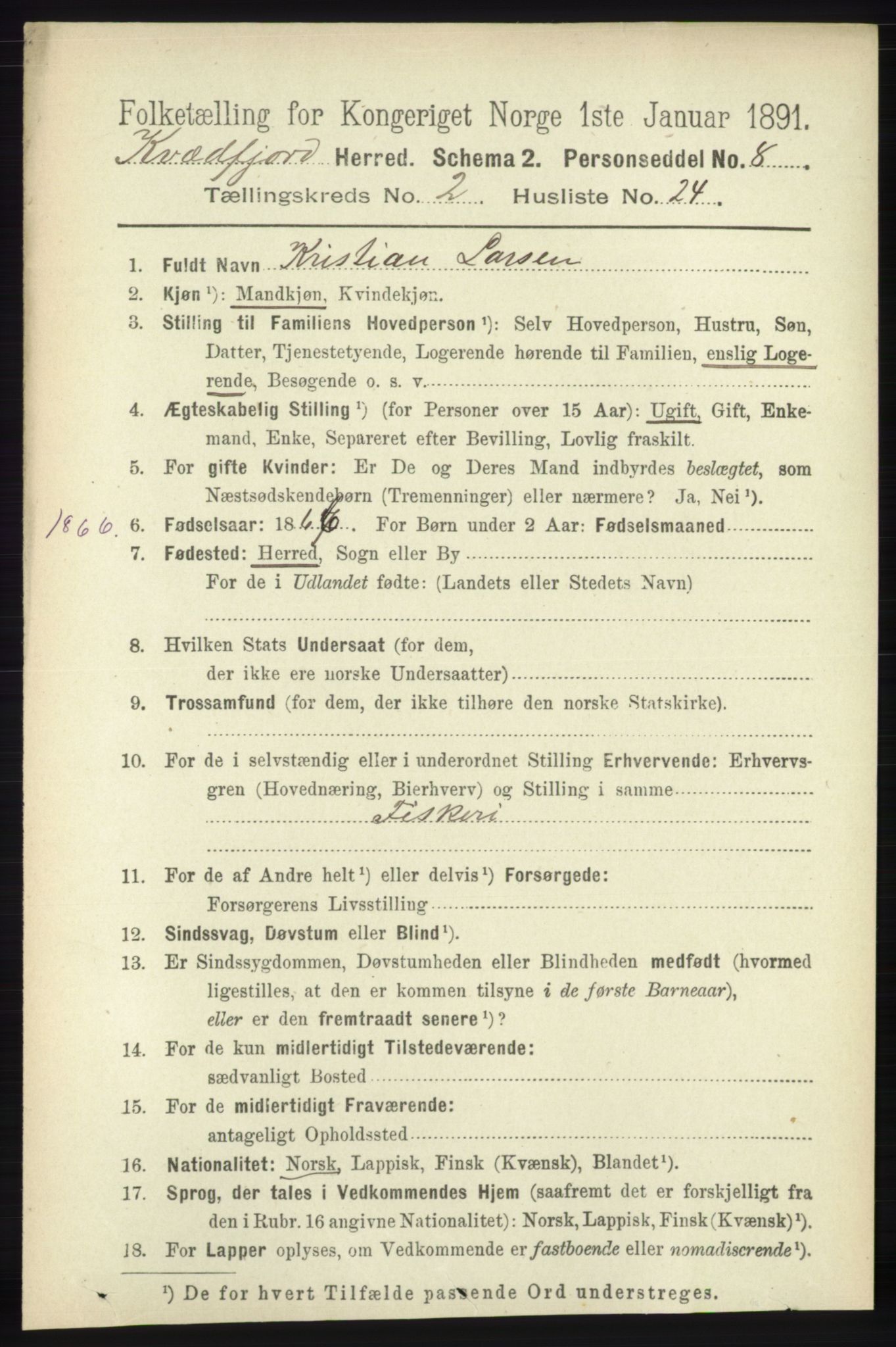 RA, 1891 census for 1911 Kvæfjord, 1891, p. 873