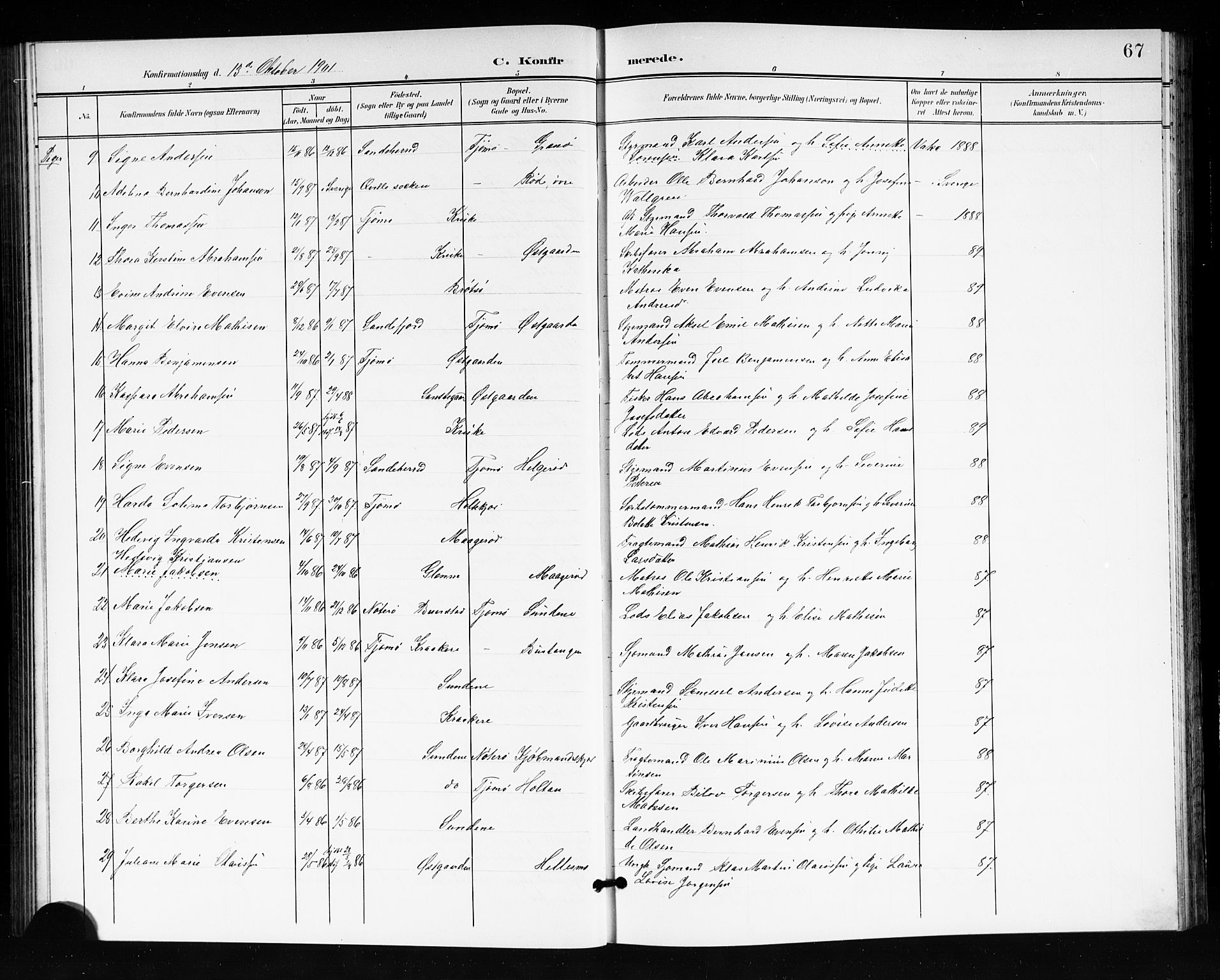 Tjøme kirkebøker, SAKO/A-328/G/Ga/L0001: Parish register (copy) no. 1, 1901-1910, p. 67