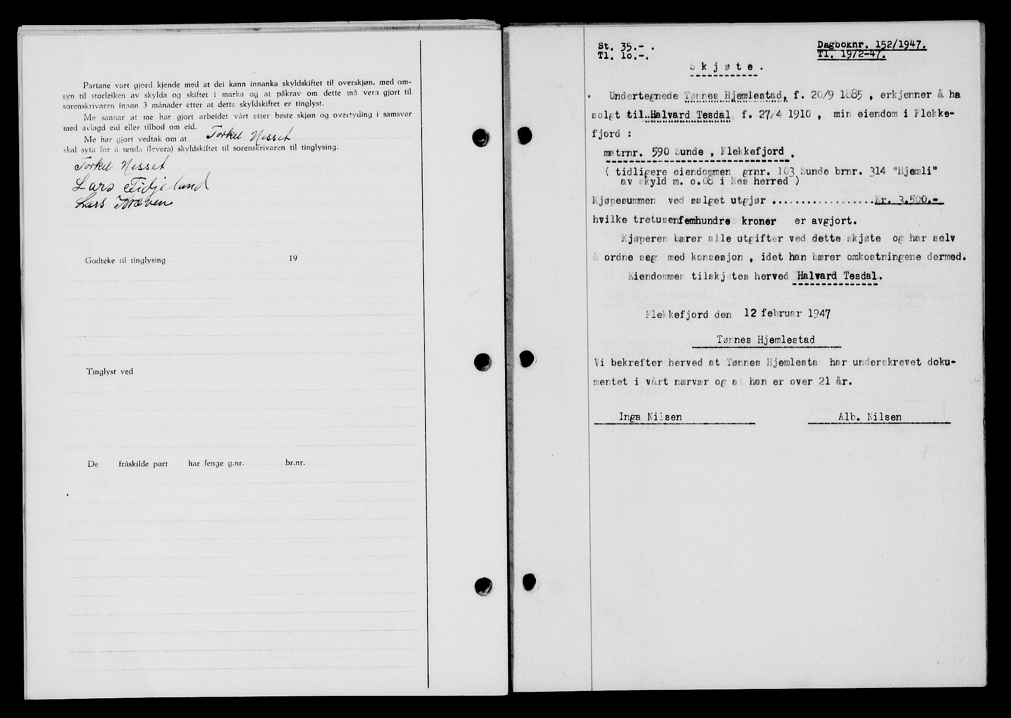 Flekkefjord sorenskriveri, SAK/1221-0001/G/Gb/Gba/L0061: Mortgage book no. A-9, 1946-1947, Diary no: : 152/1947