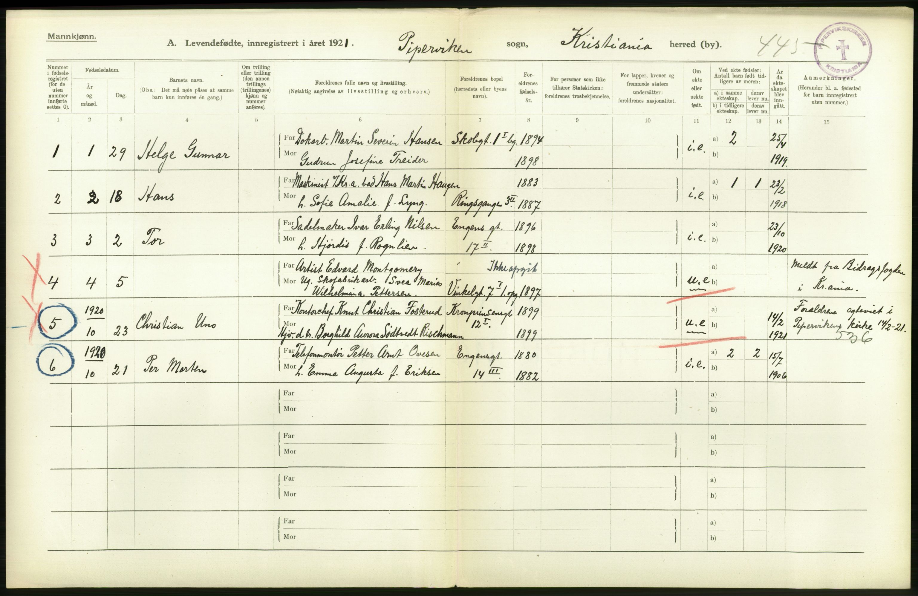 Statistisk sentralbyrå, Sosiodemografiske emner, Befolkning, RA/S-2228/D/Df/Dfc/Dfca/L0009: Kristiania: Levendefødte menn og kvinner., 1921, p. 318