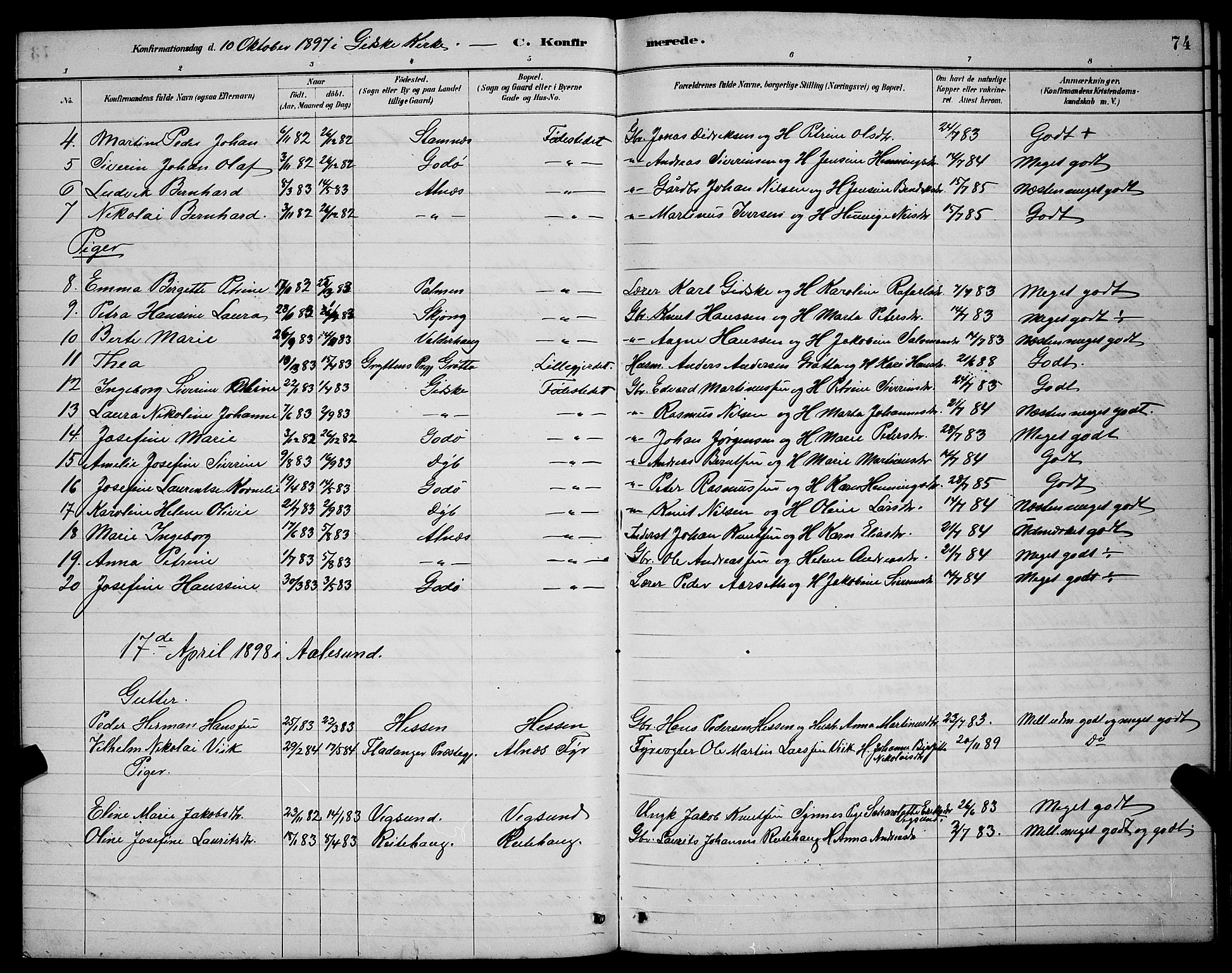 Ministerialprotokoller, klokkerbøker og fødselsregistre - Møre og Romsdal, SAT/A-1454/528/L0430: Parish register (copy) no. 528C11, 1884-1899, p. 74