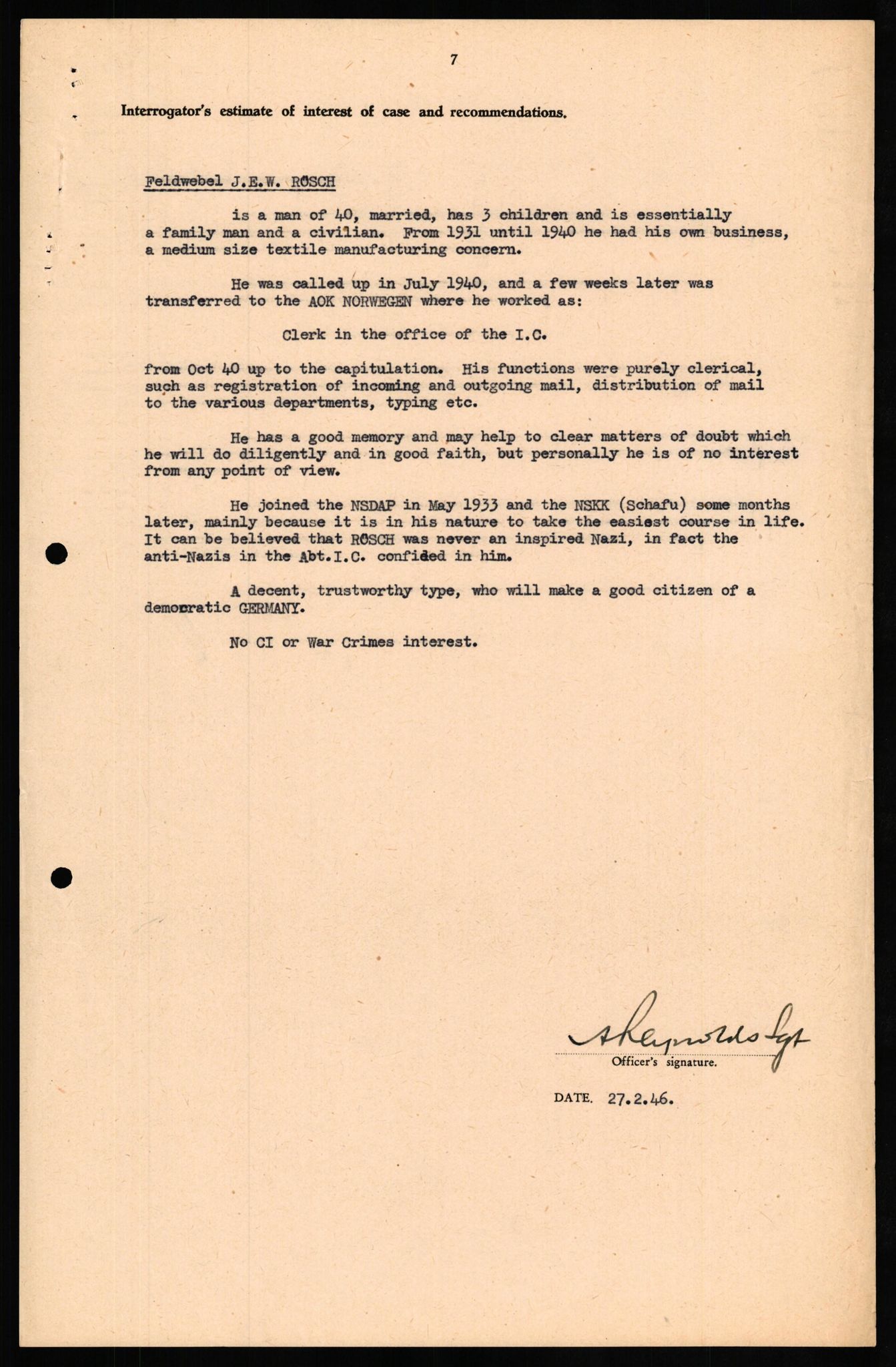 Forsvaret, Forsvarets overkommando II, AV/RA-RAFA-3915/D/Db/L0028: CI Questionaires. Tyske okkupasjonsstyrker i Norge. Tyskere., 1945-1946, p. 378