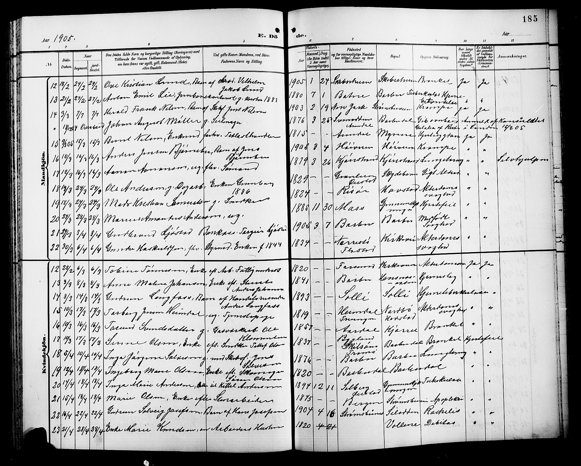 Barbu sokneprestkontor, AV/SAK-1111-0003/F/Fb/L0003: Parish register (copy) no. B 3, 1897-1911, p. 185