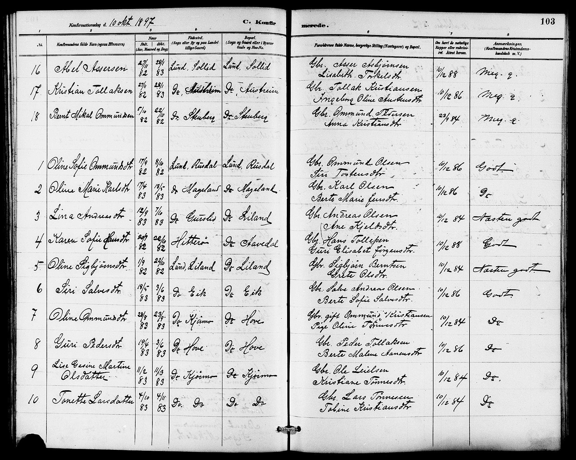 Lund sokneprestkontor, AV/SAST-A-101809/S07/L0006: Parish register (copy) no. B 6, 1885-1901, p. 103