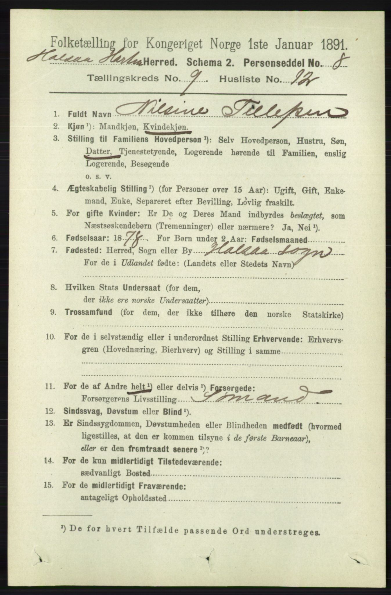 RA, 1891 census for 1019 Halse og Harkmark, 1891, p. 3690