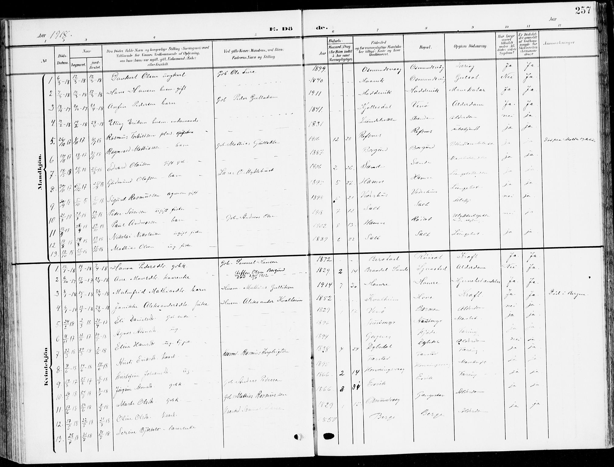 Selje sokneprestembete, SAB/A-99938/H/Ha/Haa/Haab: Parish register (official) no. B 3, 1908-1923, p. 257