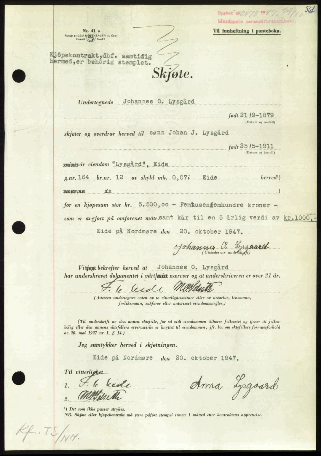 Nordmøre sorenskriveri, AV/SAT-A-4132/1/2/2Ca: Mortgage book no. A106, 1947-1947, Diary no: : 2473/1947