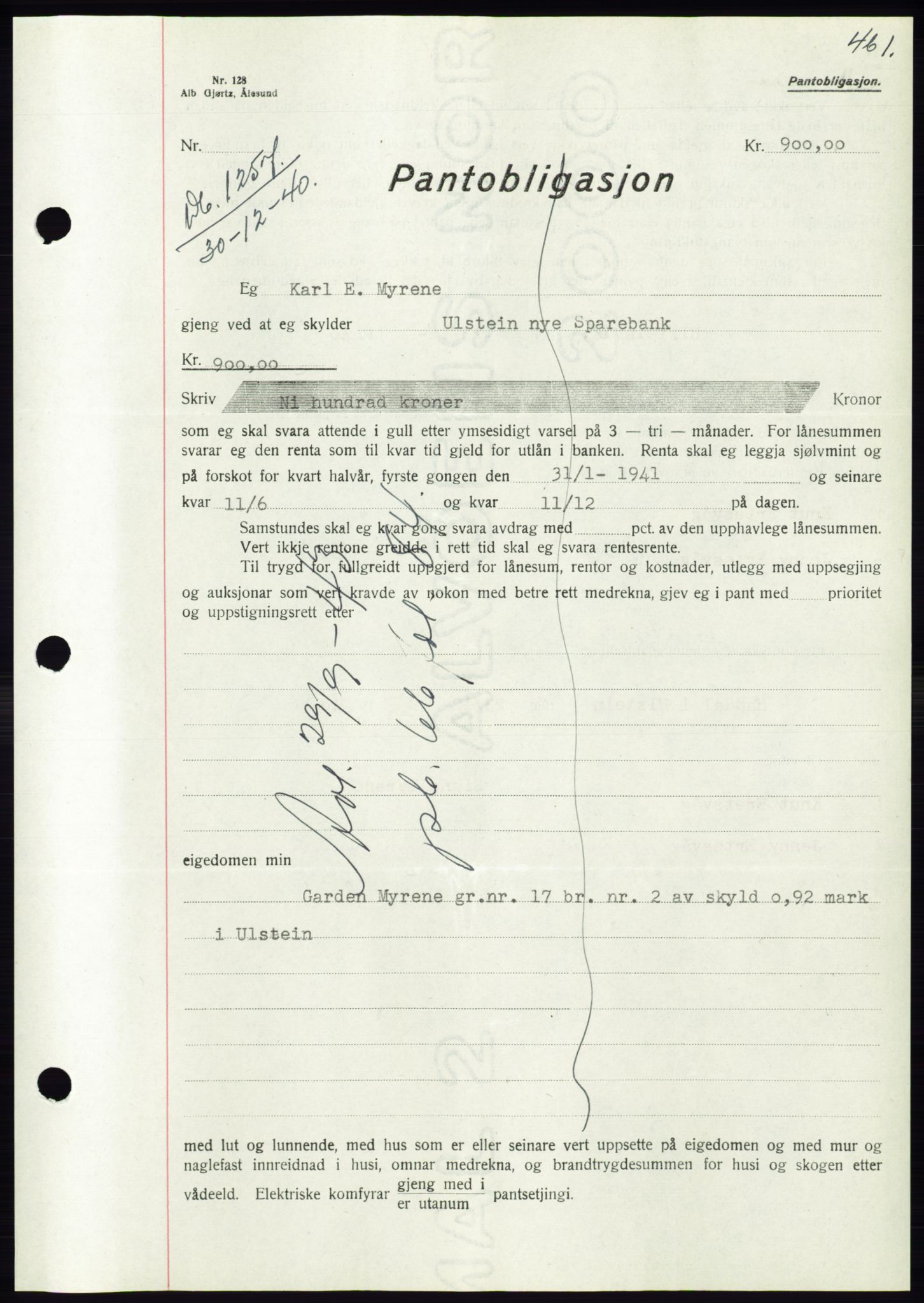 Søre Sunnmøre sorenskriveri, AV/SAT-A-4122/1/2/2C/L0070: Mortgage book no. 64, 1940-1941, Diary no: : 1257/1940