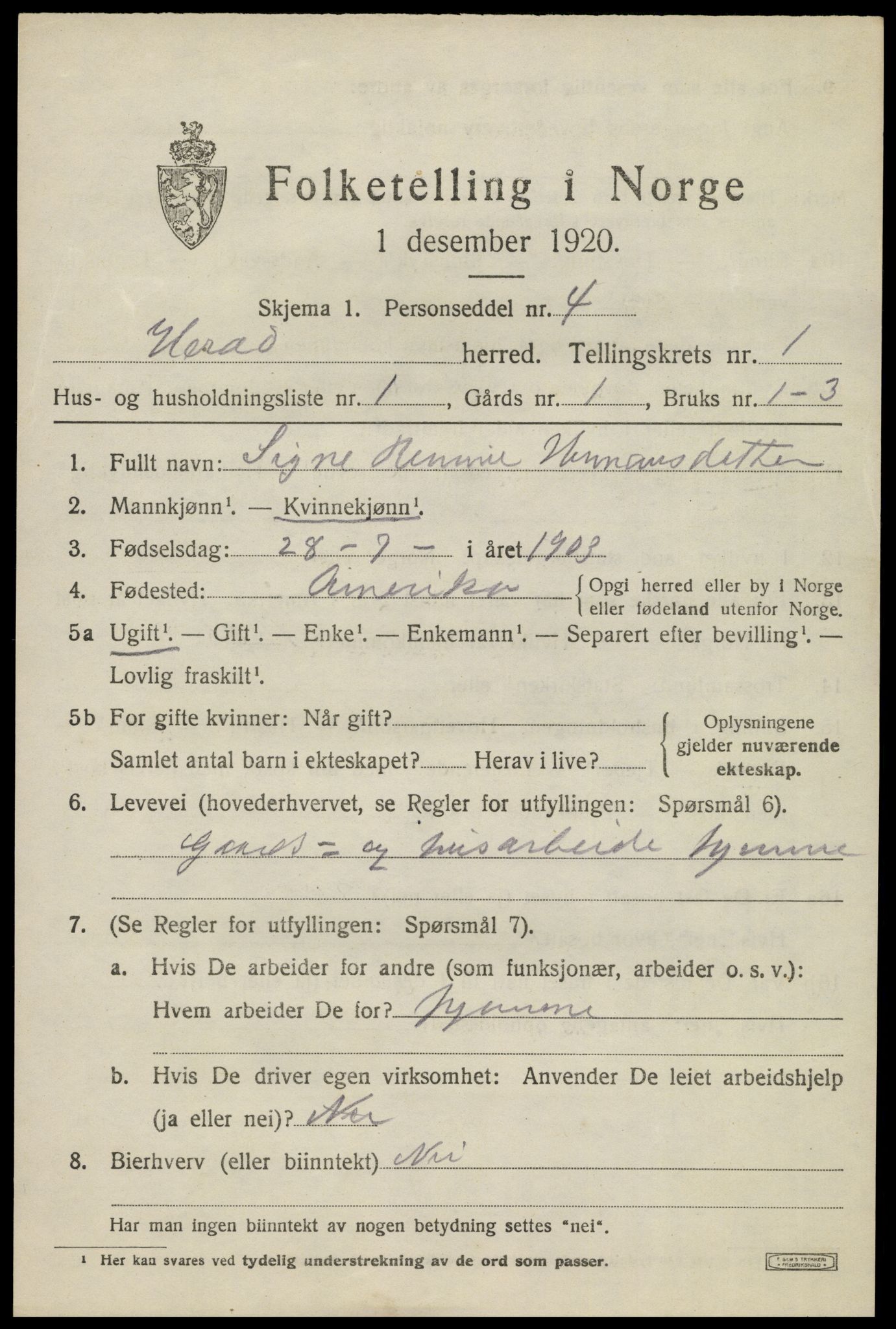 SAK, 1920 census for Herad, 1920, p. 432