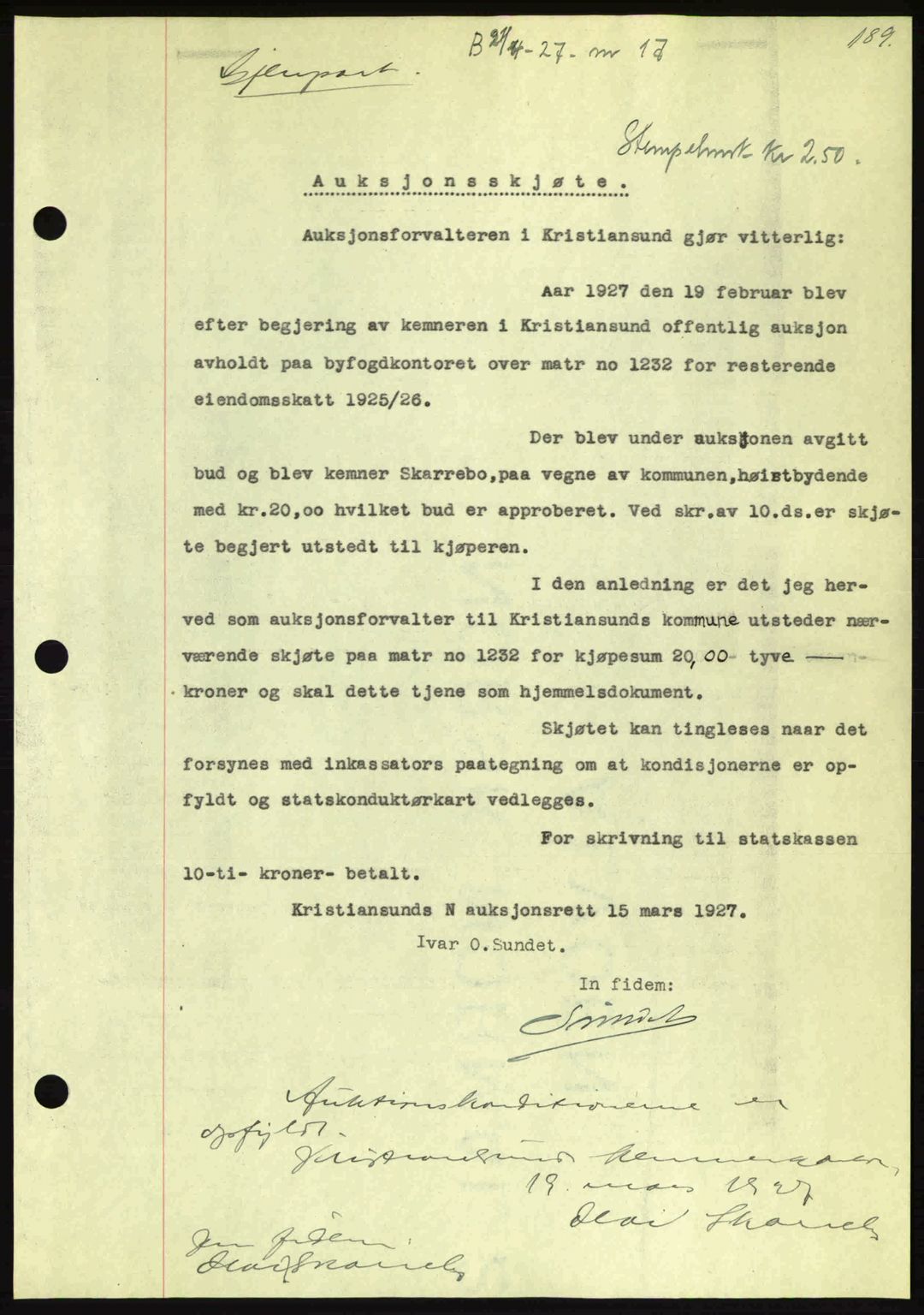 Kristiansund byfogd, AV/SAT-A-4587/A/27: Mortgage book no. 21, 1926-1928, Deed date: 21.04.1927