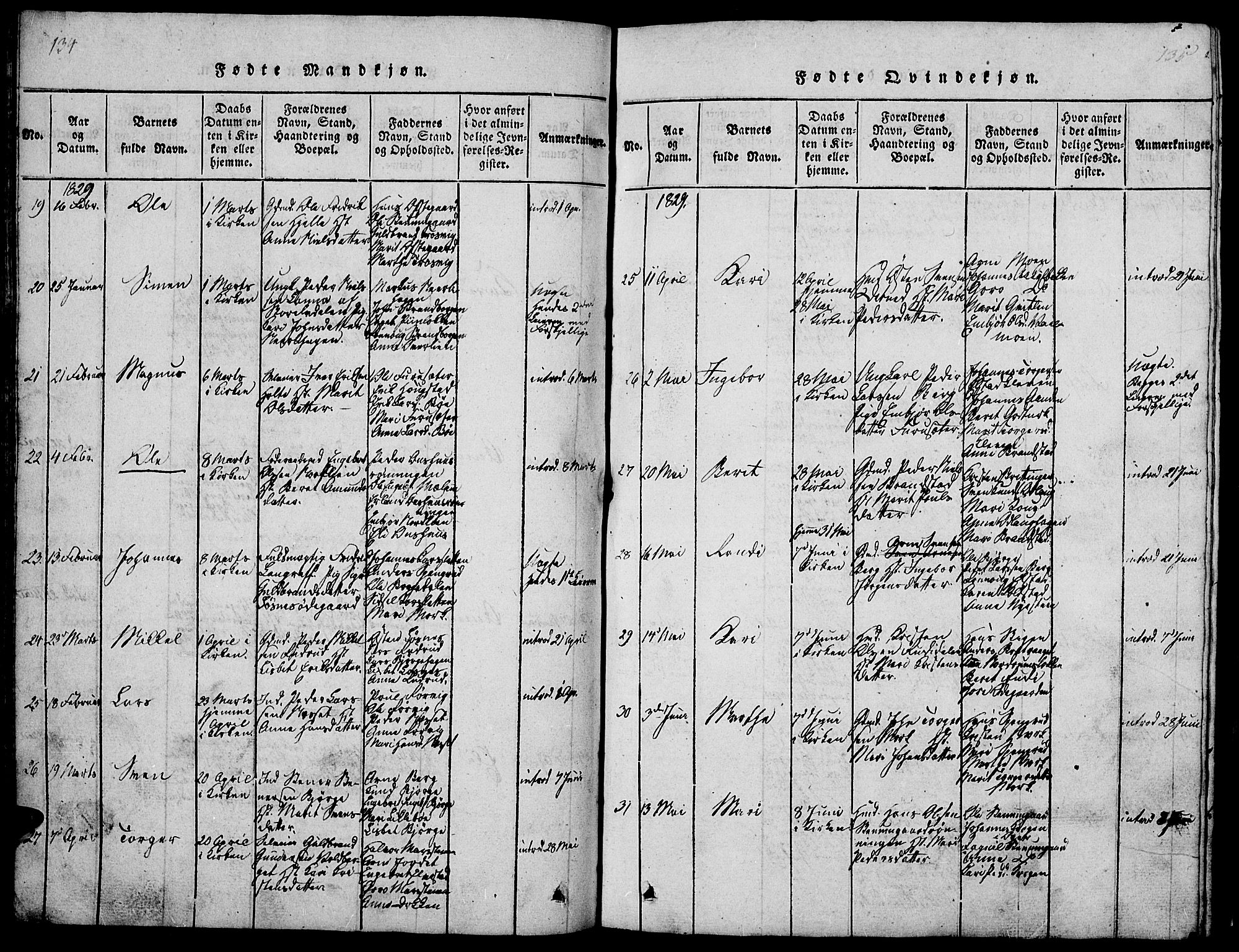 Ringebu prestekontor, AV/SAH-PREST-082/H/Ha/Hab/L0001: Parish register (copy) no. 1, 1821-1839, p. 134-135