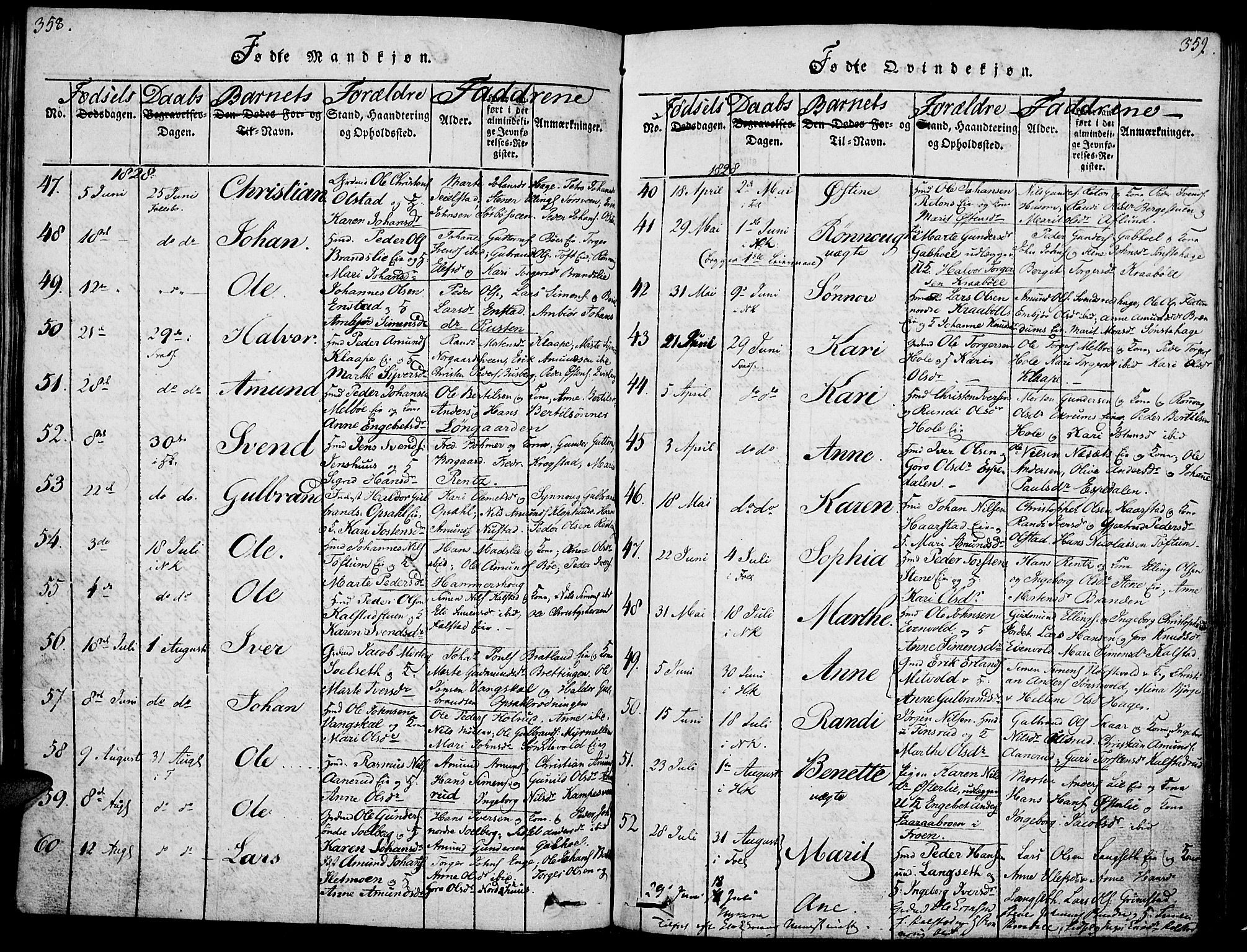 Gausdal prestekontor, SAH/PREST-090/H/Ha/Haa/L0005: Parish register (official) no. 5, 1817-1829, p. 358-359
