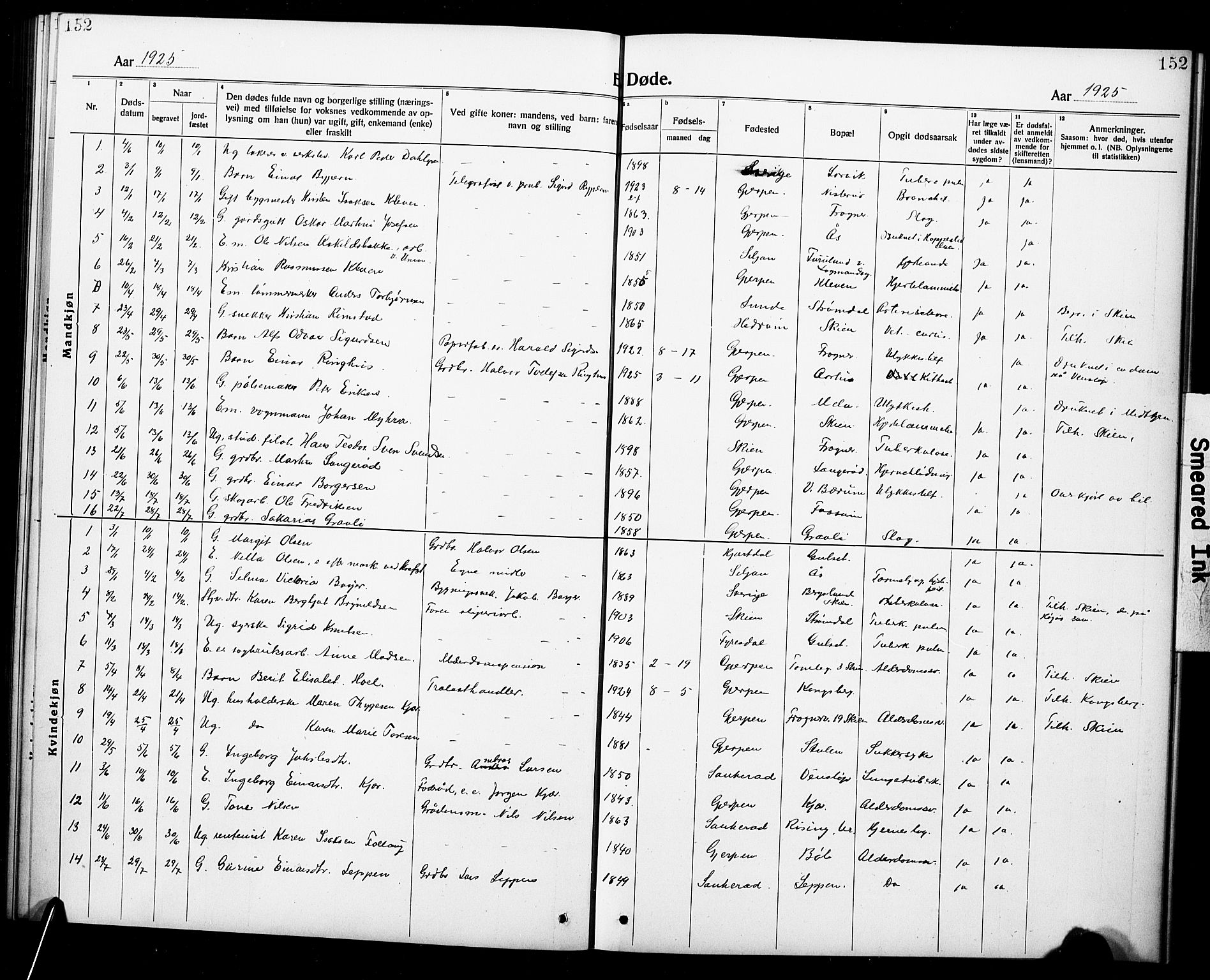 Gjerpen kirkebøker, SAKO/A-265/G/Ga/L0004: Parish register (copy) no. I 4, 1920-1931, p. 152