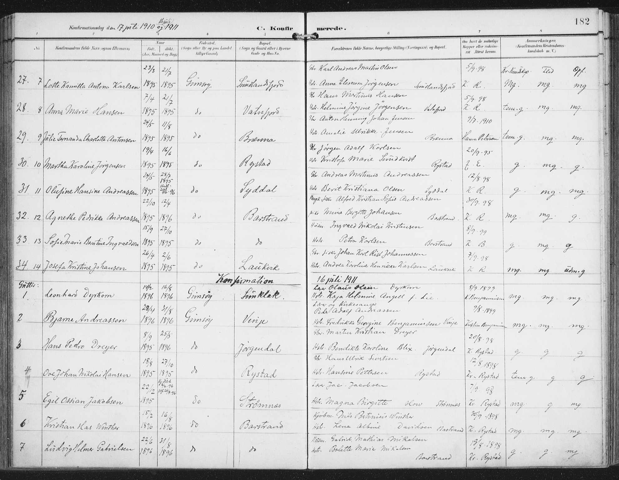 Ministerialprotokoller, klokkerbøker og fødselsregistre - Nordland, SAT/A-1459/876/L1098: Parish register (official) no. 876A04, 1896-1915, p. 182
