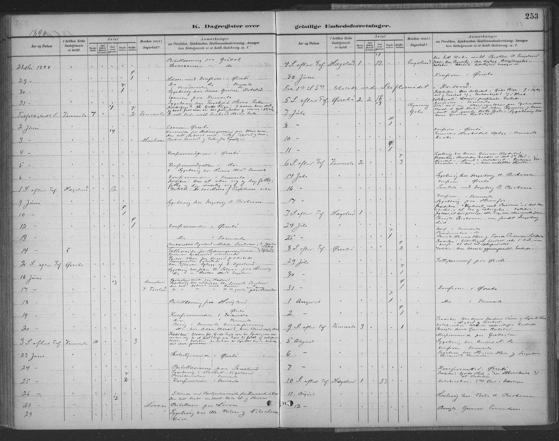 Vennesla sokneprestkontor, AV/SAK-1111-0045/Fa/Fac/L0009: Parish register (official) no. A 9, 1884-1901, p. 253