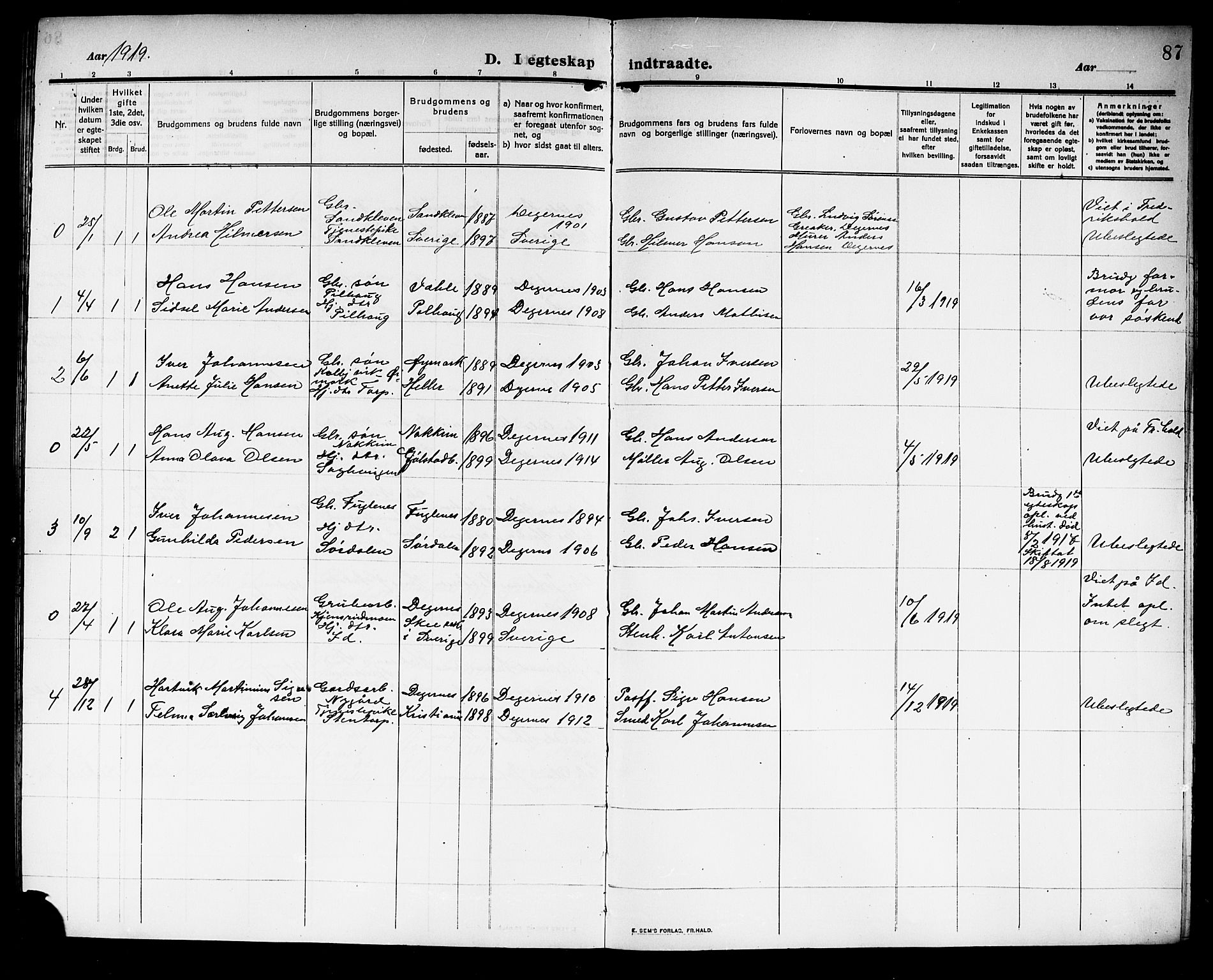 Rakkestad prestekontor Kirkebøker, AV/SAO-A-2008/G/Gb/L0002: Parish register (copy) no. II 2, 1909-1920, p. 87